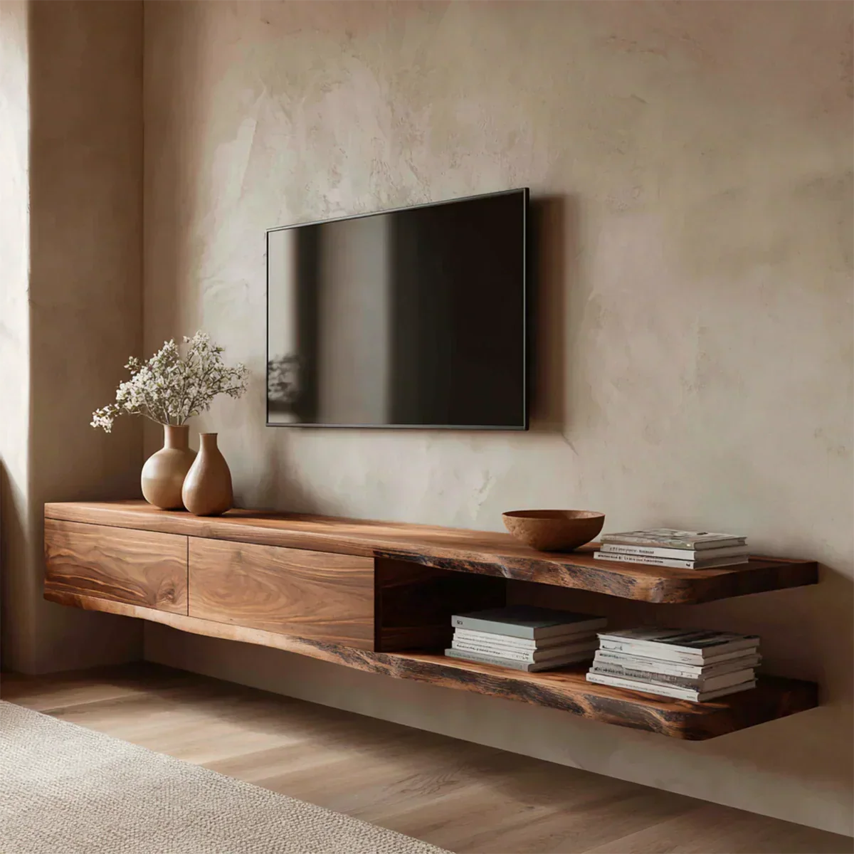 Handcrafted Floating Solid Wood TV Stand with Live Edge Shelves and Layered Storage