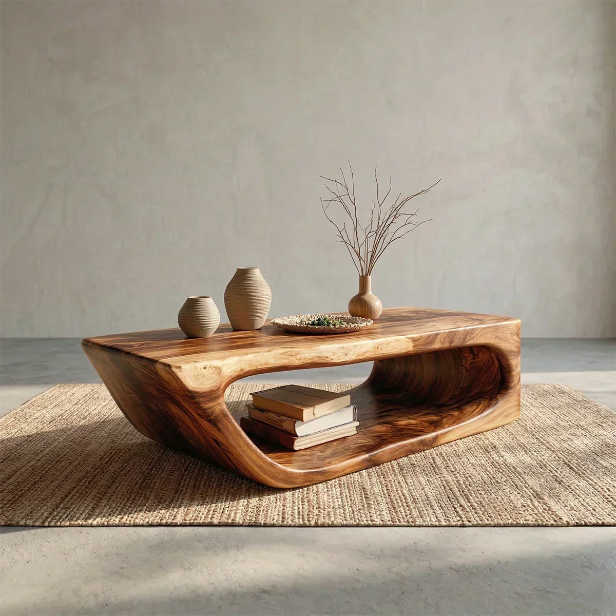 Modern Hollow Form Natural Solid Wood Coffee Table with Open Shelf
