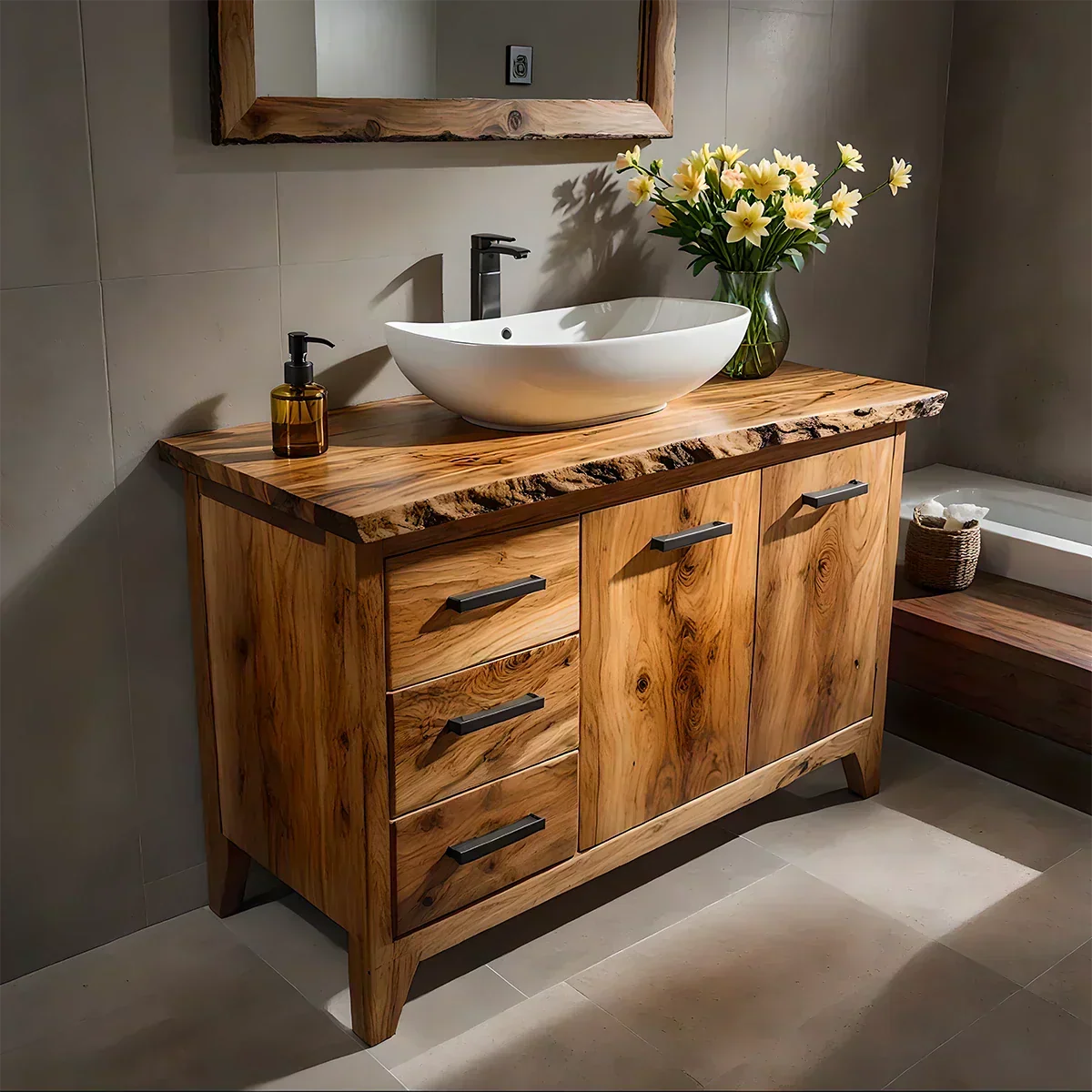 Natural Solid Wood Bathroom Vanity – Rustic Natural Edge Style