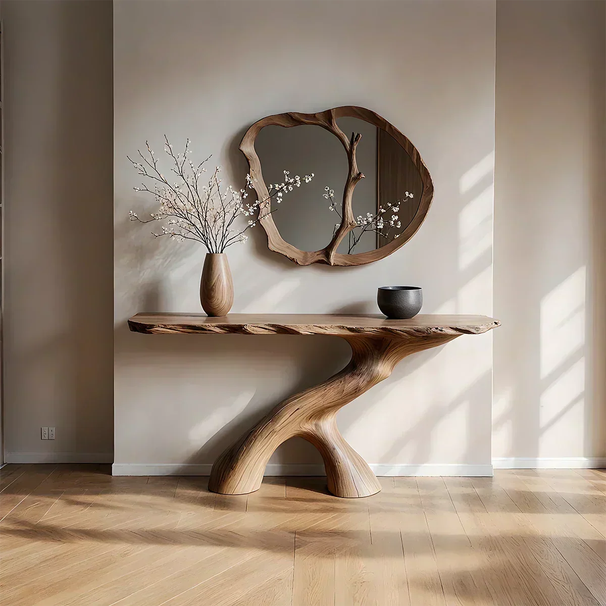 Natural Solid Wood Wabi-Sabi Sculptural Console Table