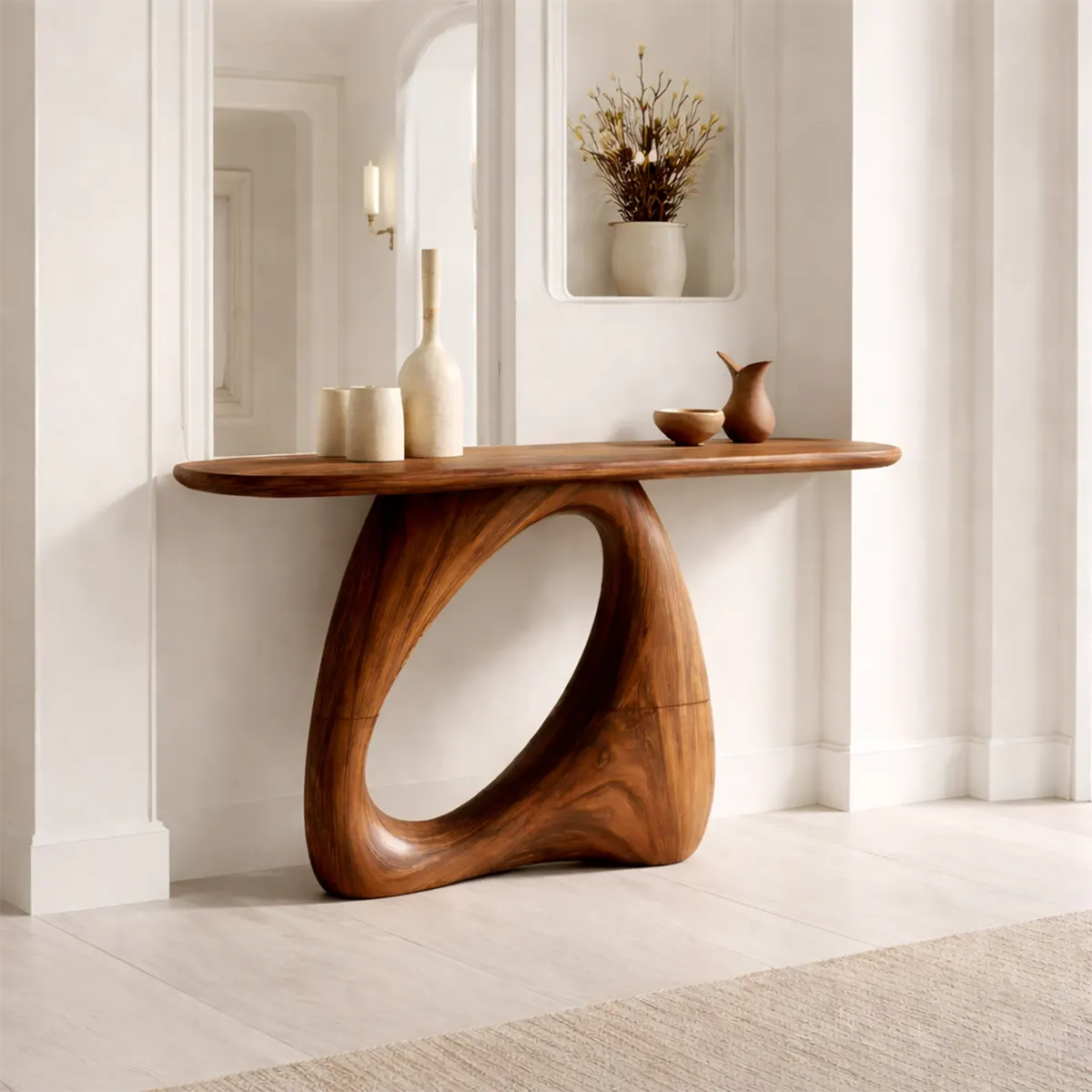 Sculptural Solid Wood Console Table with Organic Modern Entryway Design