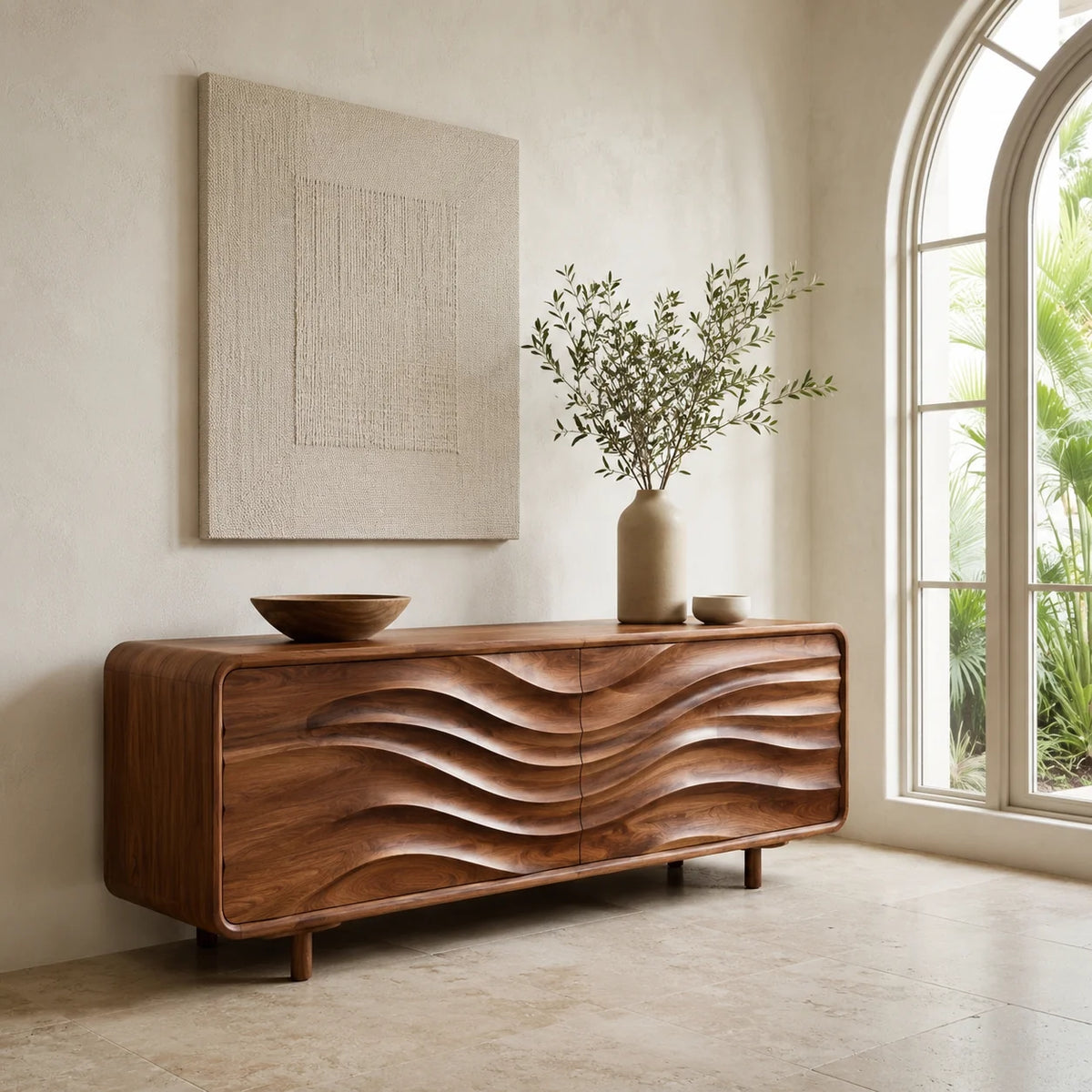 Sideboard with Wave-Carved Doors in Natural Solid Wood