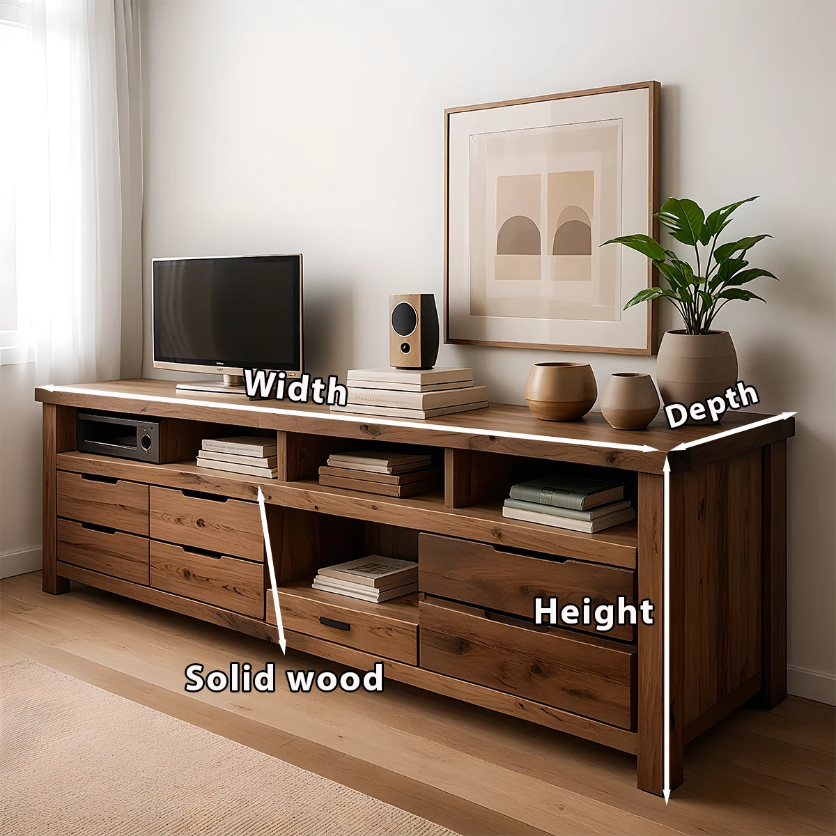 Rustic Solid Wood TV Stand – Japandi Farmhouse Console