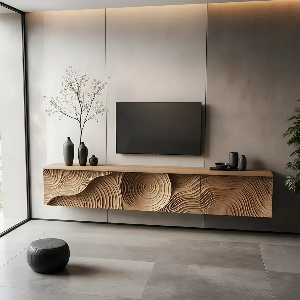 Art-Carved Solid Wood Floating TV Console – Modern Wave Texture Design - Rustiracraft