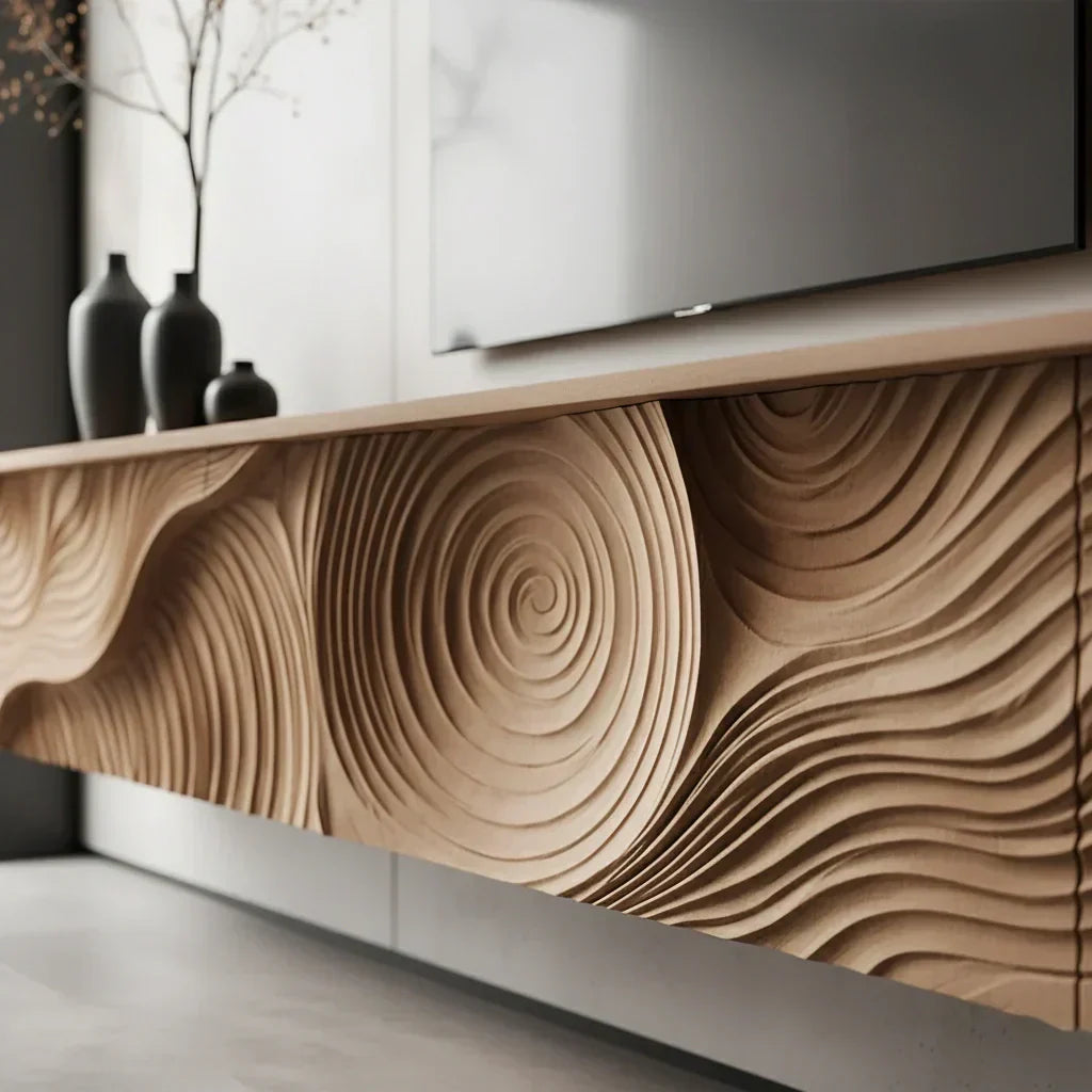 Art-Carved Solid Wood Floating TV Console – Modern Wave Texture Design - Rustiracraft