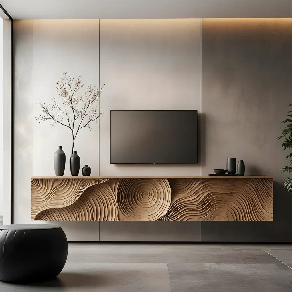 Art-Carved Solid Wood Floating TV Console – Modern Wave Texture Design - Rustiracraft