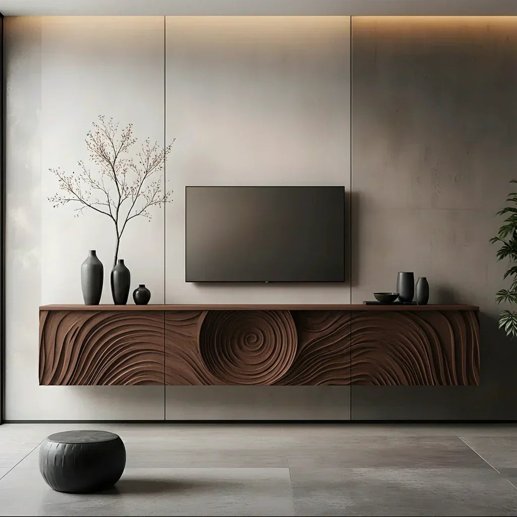Art-Carved Solid Wood Floating TV Console – Modern Wave Texture Design - Rustiracraft