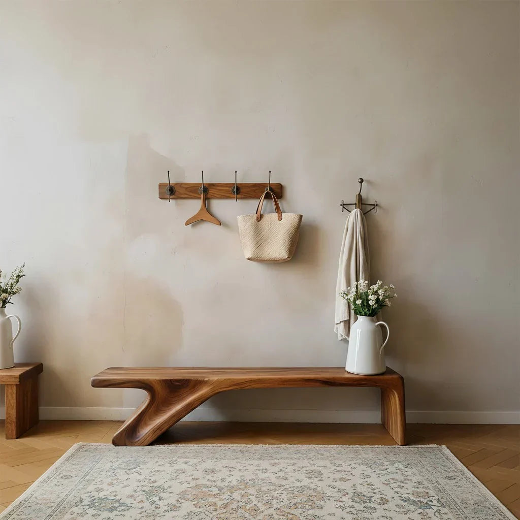 Asymmetric Sculpted Solid Wood Bench – Minimal Flowing Form - Rustiracraft