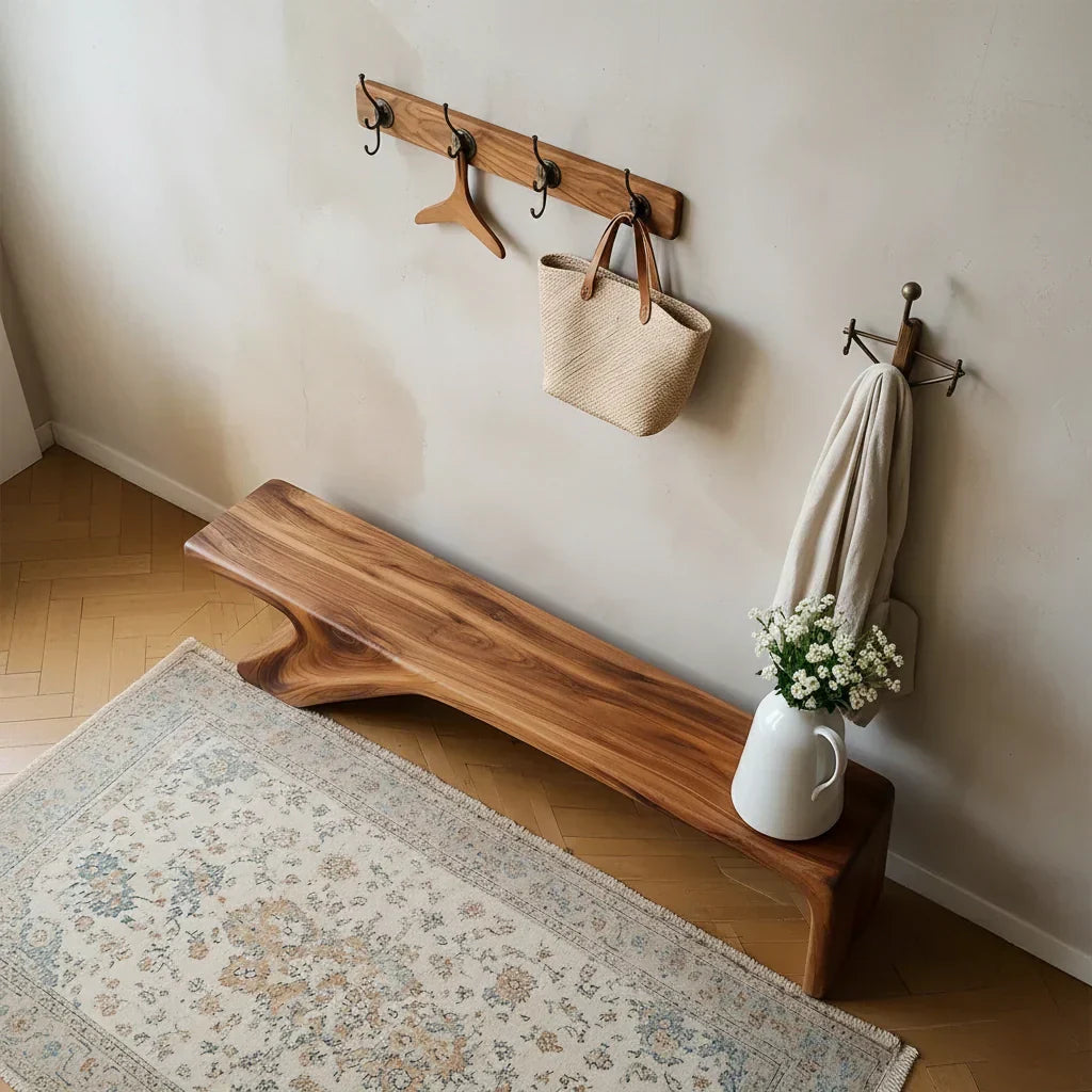 Asymmetric Sculpted Solid Wood Bench – Minimal Flowing Form - Rustiracraft
