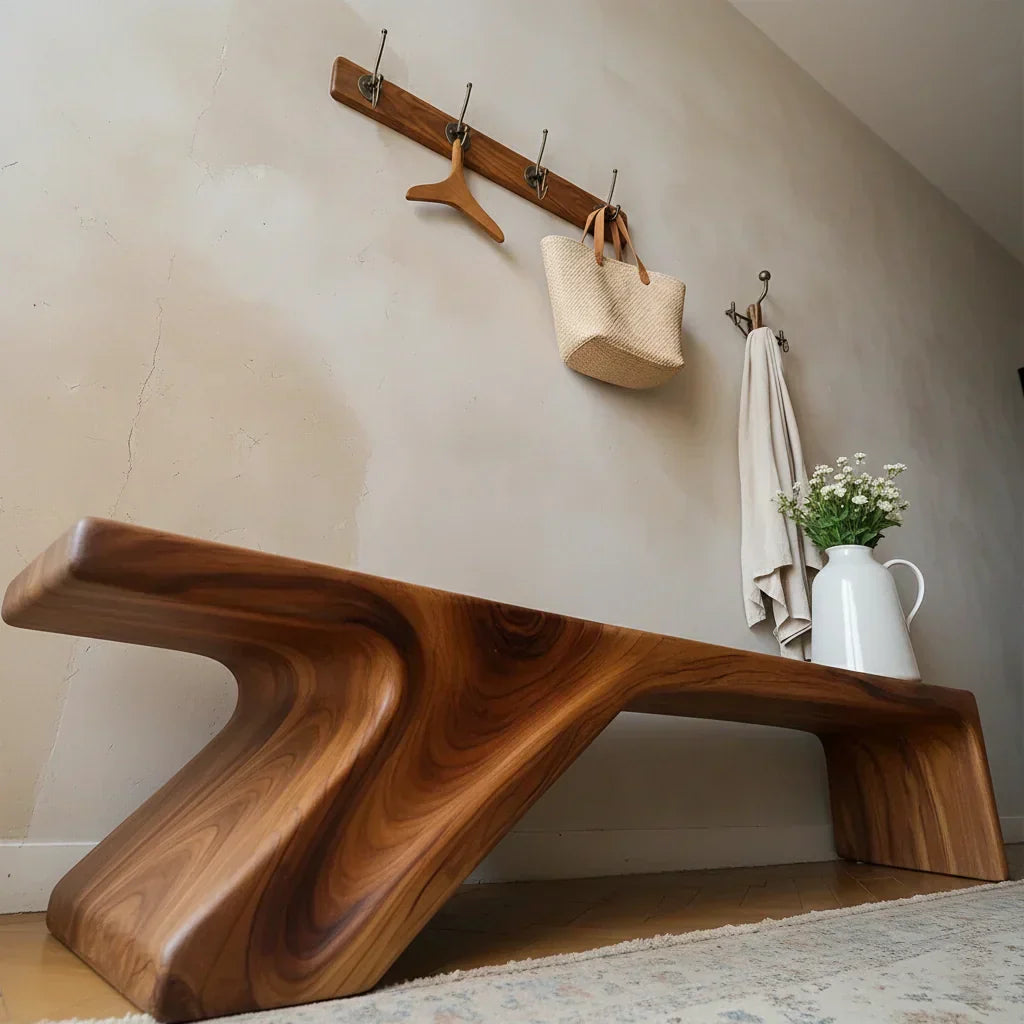 Asymmetric Sculpted Solid Wood Bench – Minimal Flowing Form - Rustiracraft