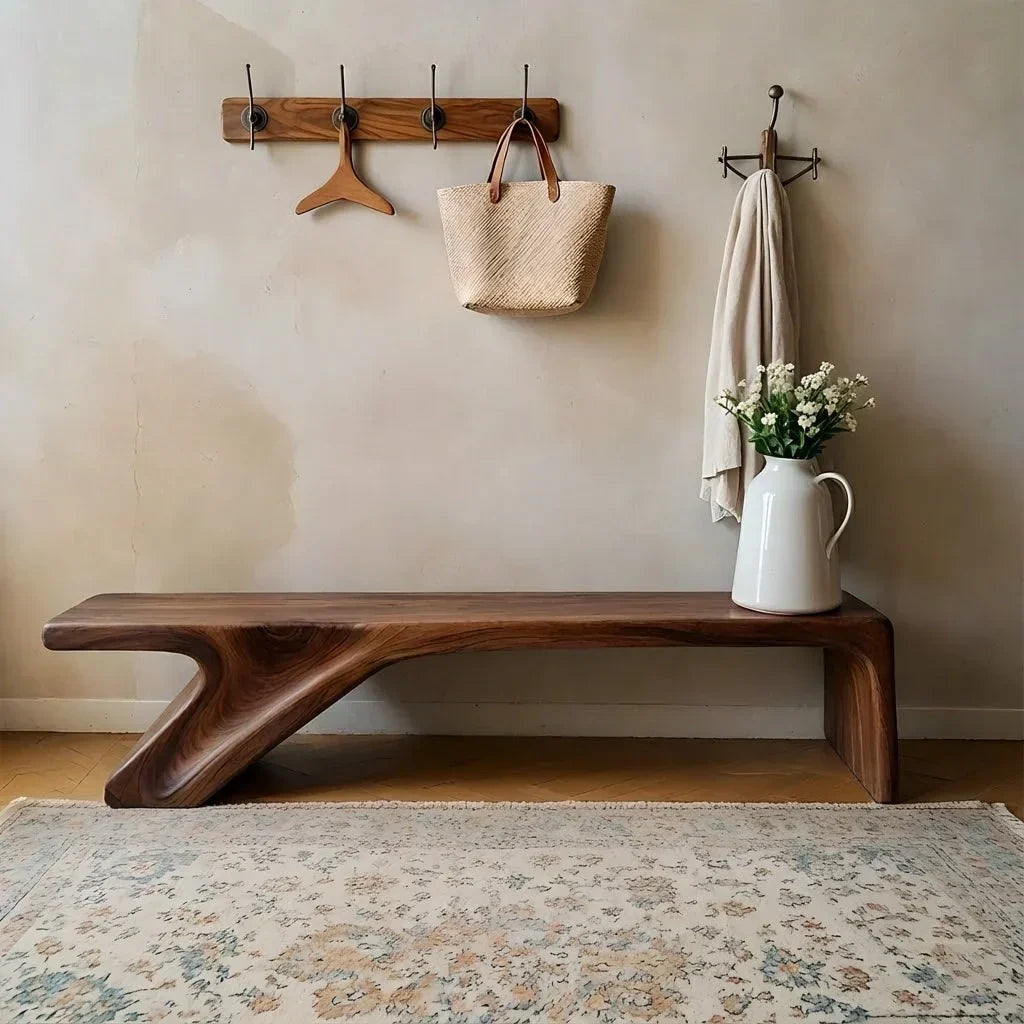 Asymmetric Sculpted Solid Wood Bench – Minimal Flowing Form - Rustiracraft