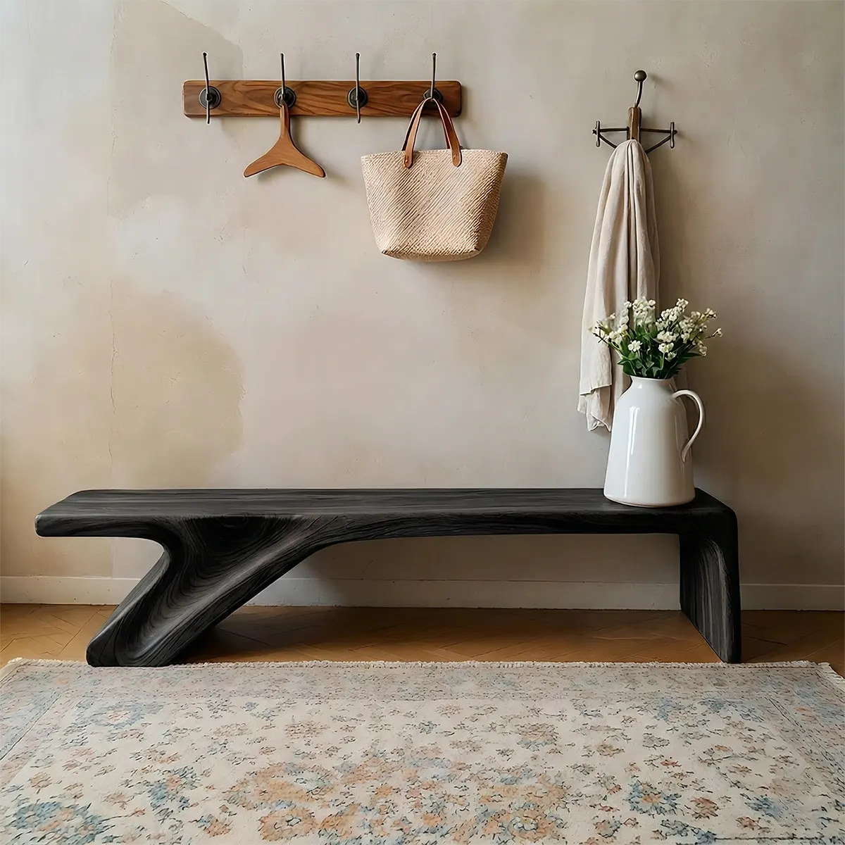 Asymmetric Sculpted Solid Wood Bench – Minimal Flowing Form - Rustiracraft
