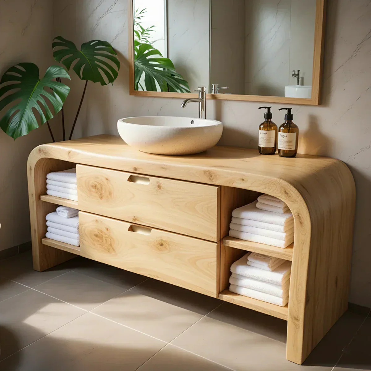 Aurora Bathroom Vanity – Natural Solid Wood Modern - Rustiracraft