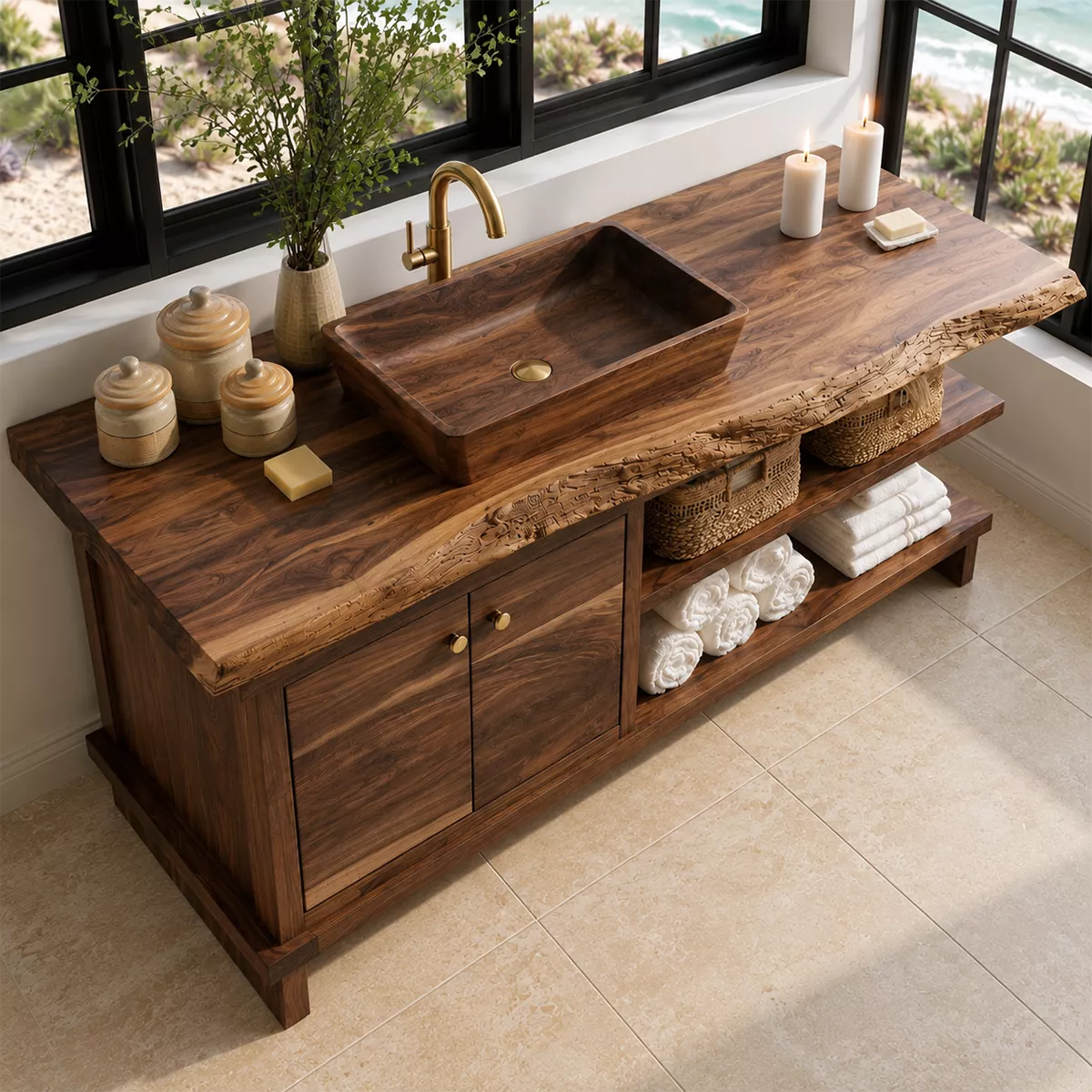 Bathroom Vanity with Two Cabinet Doors and Open Towel Storage Shelves - Rustiracraft