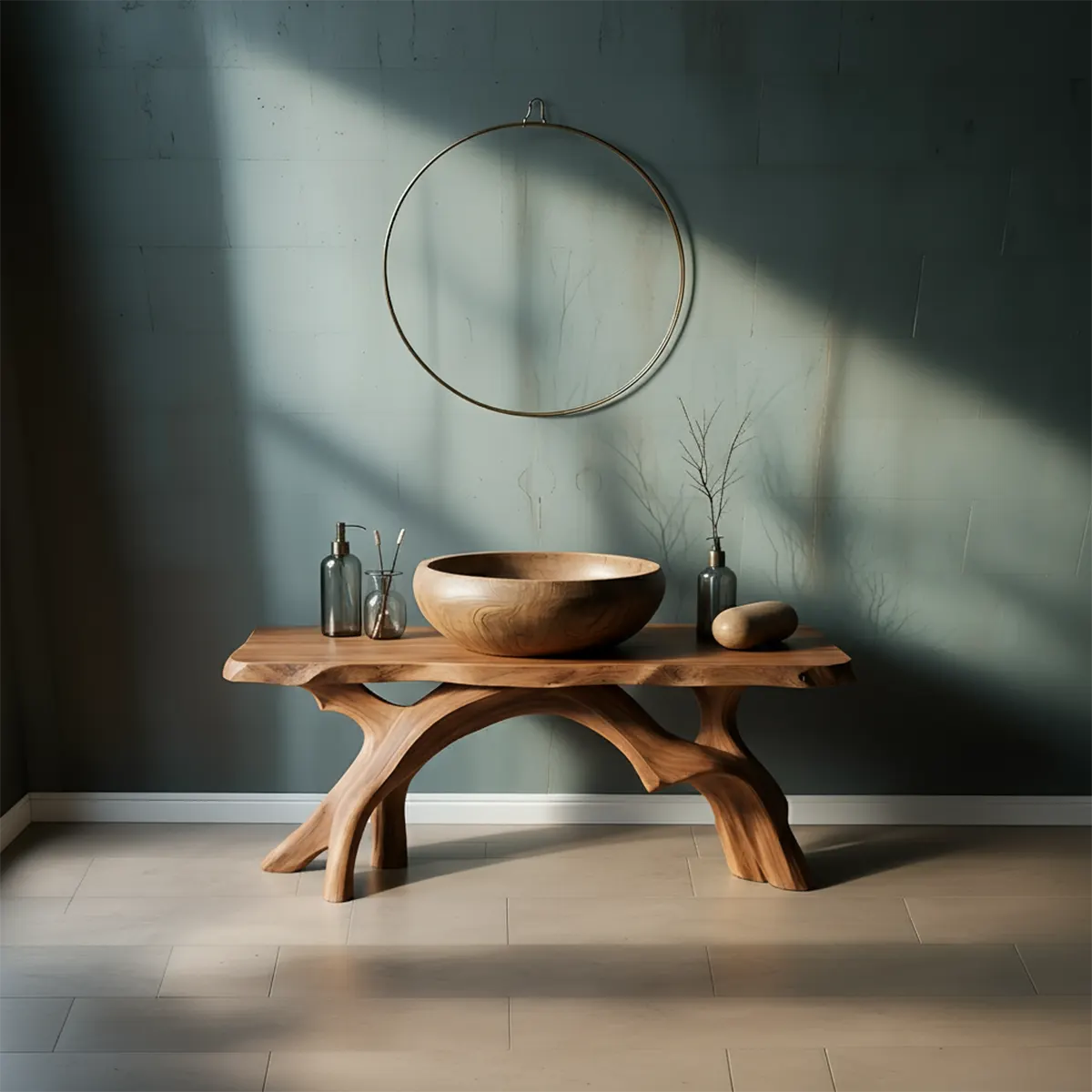 BranchArc Vanity – Sculpted Solid Wood Bathroom Console - Rustiracraft