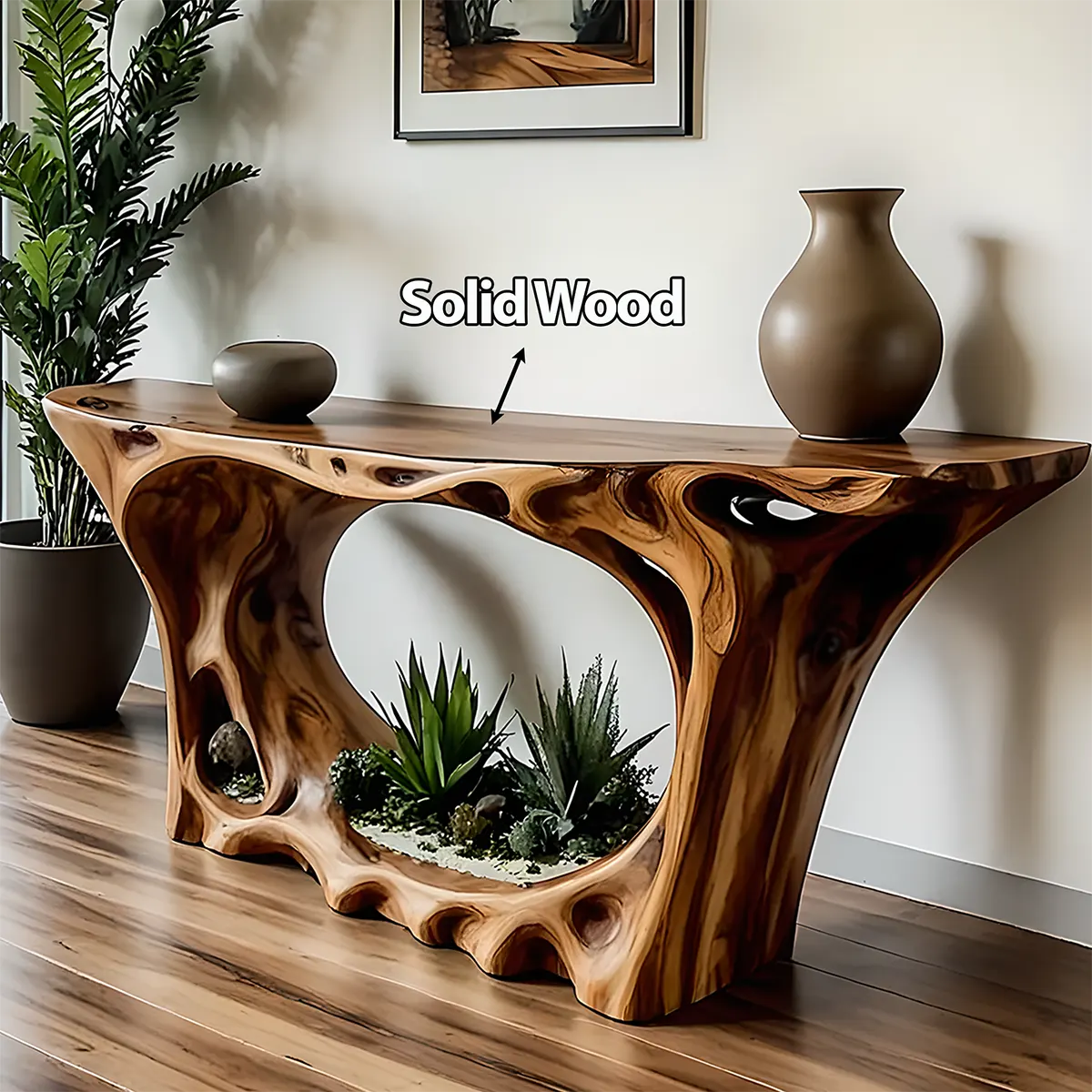 Carved Root Walnut Console Table – Organic Wood Design - Rustiracraft
