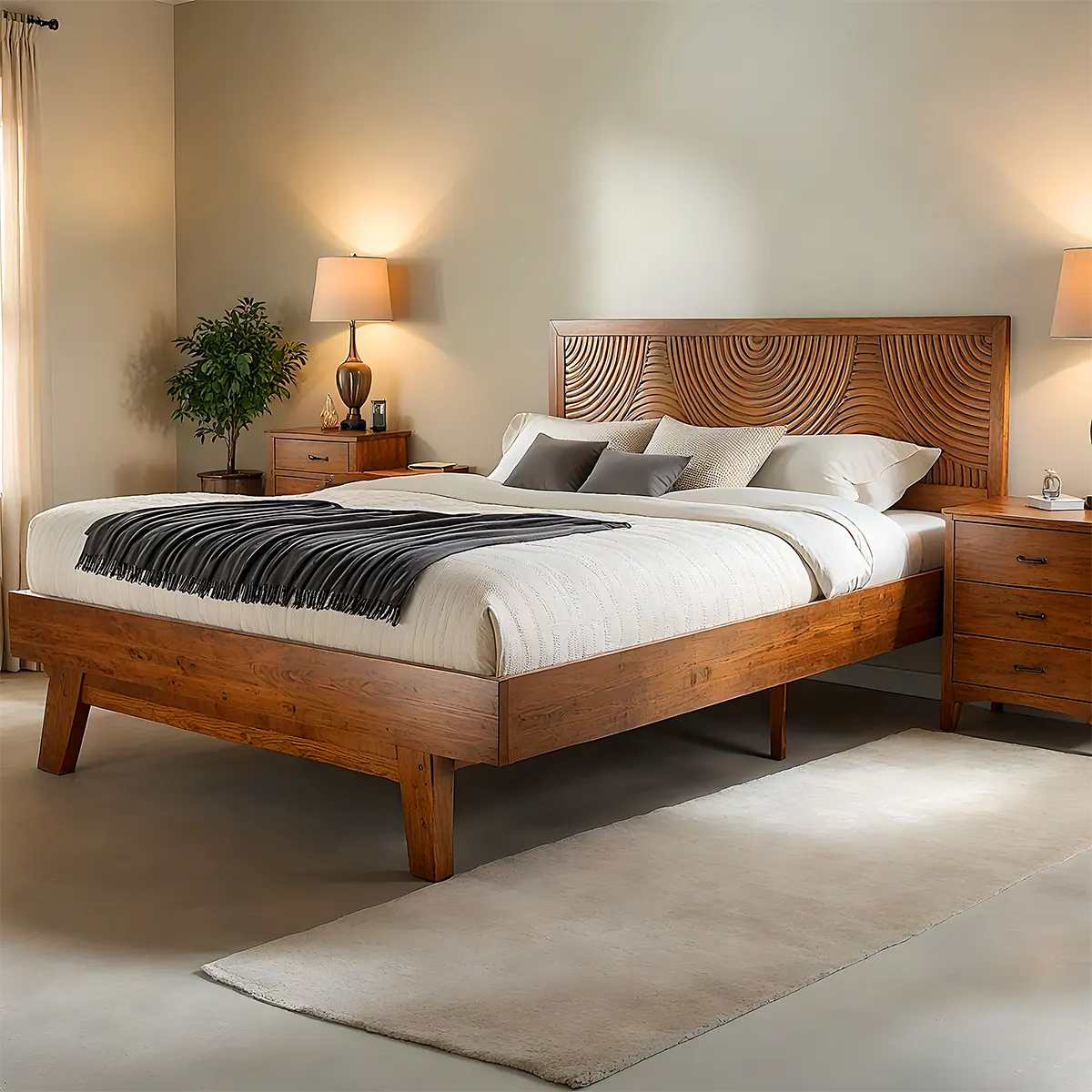 Carved Wooden Bed with Round Pattern – Luxurious & Bold Design - Rustiracraft