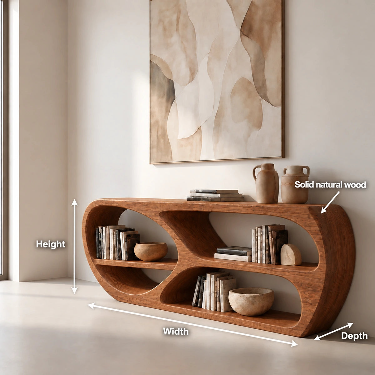 Console Table with Open Oval Display Niches in Natural Solid Wood - Rustiracraft