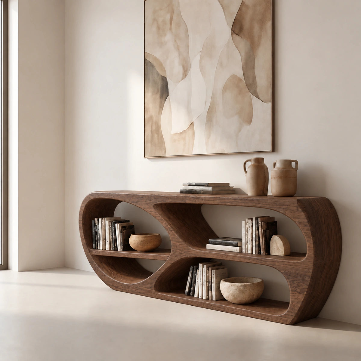 Console Table with Open Oval Display Niches in Natural Solid Wood - Rustiracraft