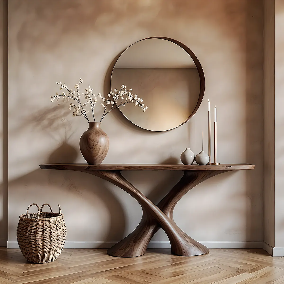 Cross Wave Walnut Console Table – Sculptural Wood Art - Rustiracraft