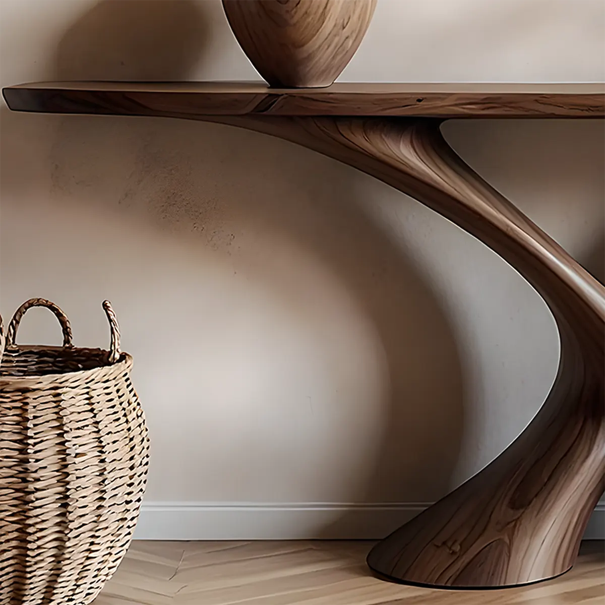 Cross Wave Walnut Console Table – Sculptural Wood Art - Rustiracraft