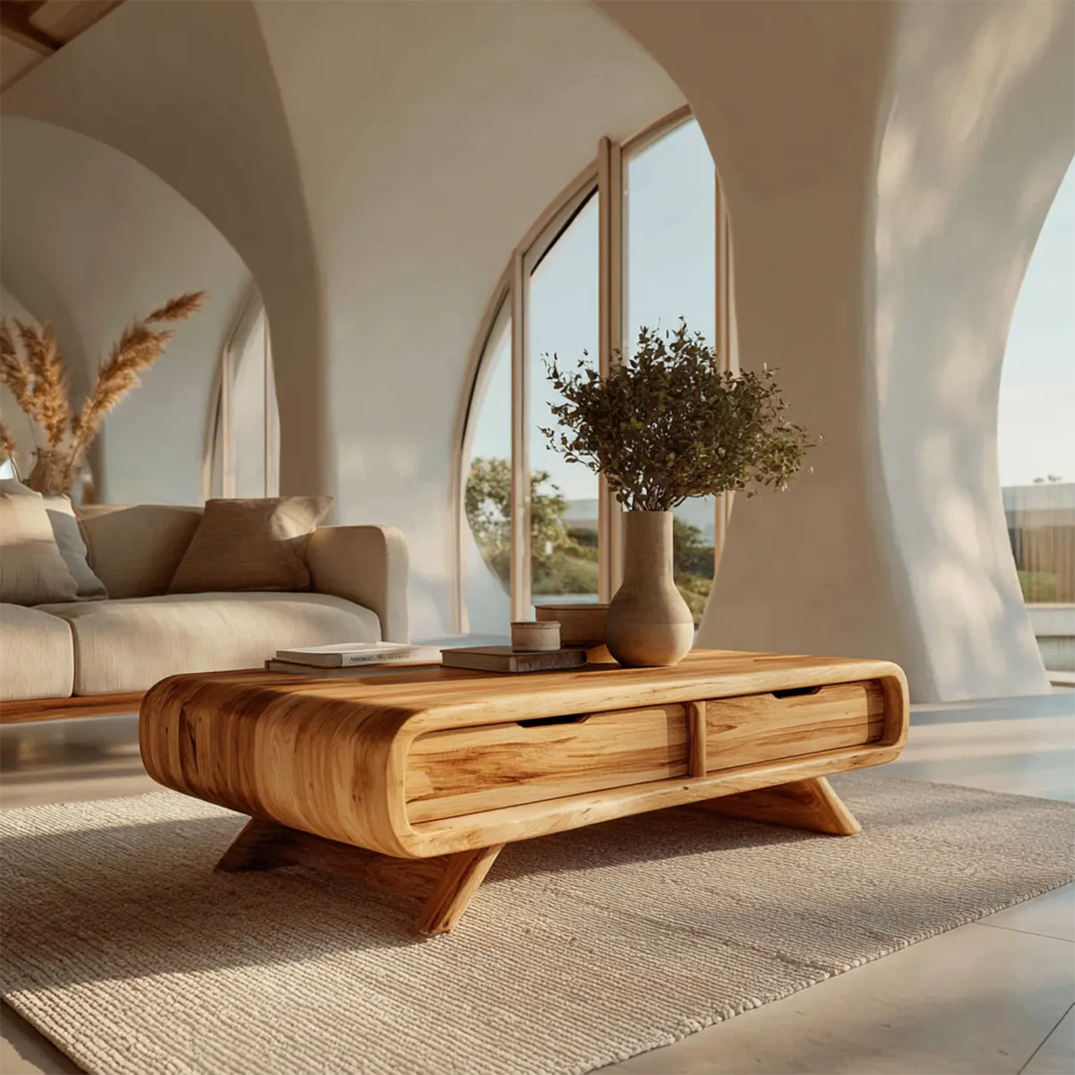 Curved Drawer Storage Coffee Table in Natural Solid Wood - Rustiracraft