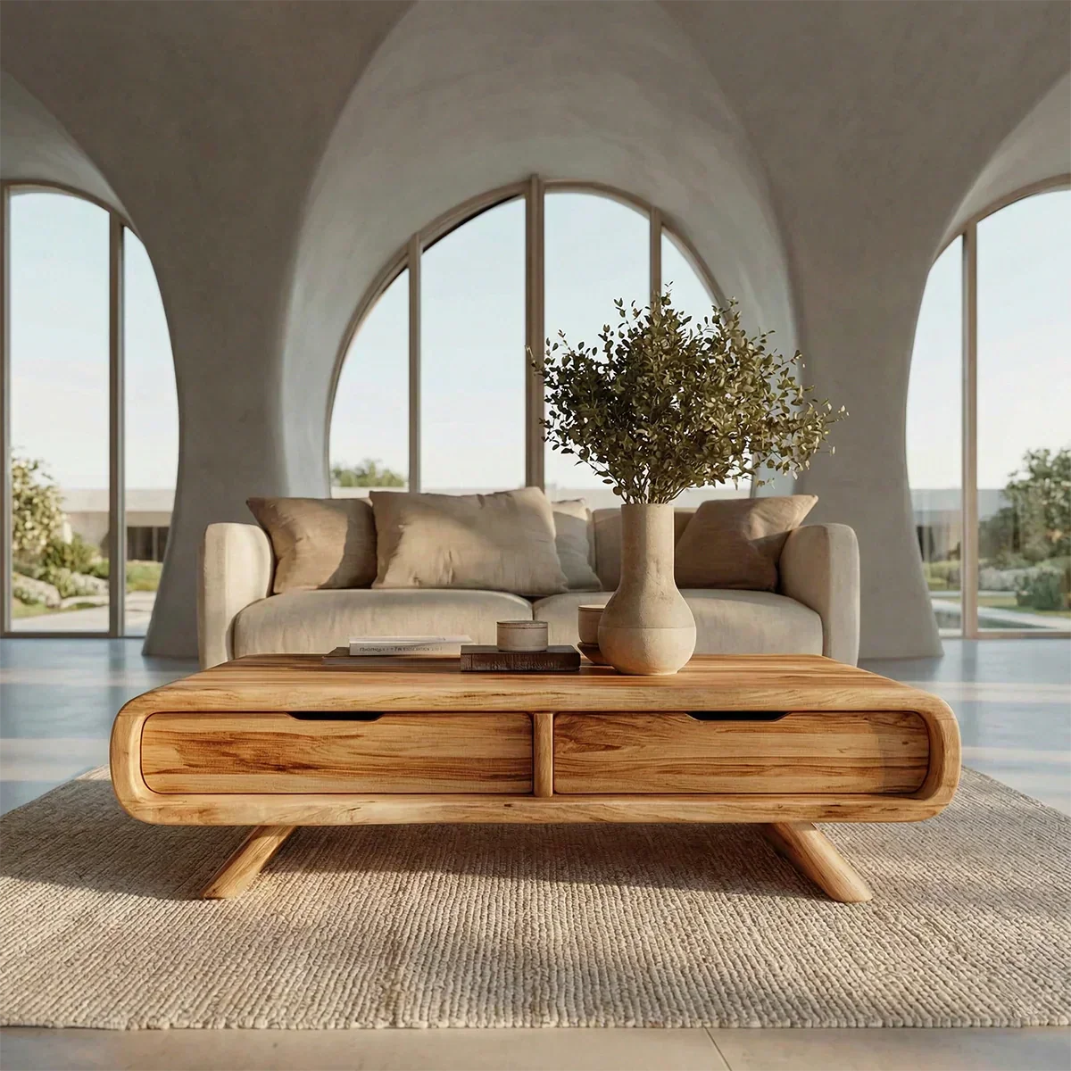 Curved Drawer Storage Coffee Table in Natural Solid Wood - Rustiracraft