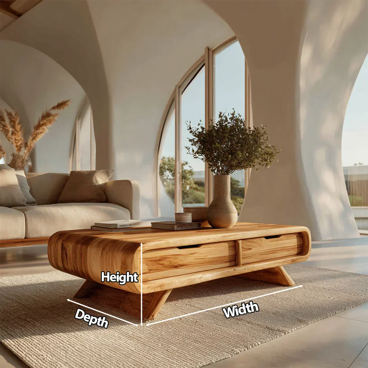 Curved Drawer Storage Coffee Table in Natural Solid Wood - Rustiracraft