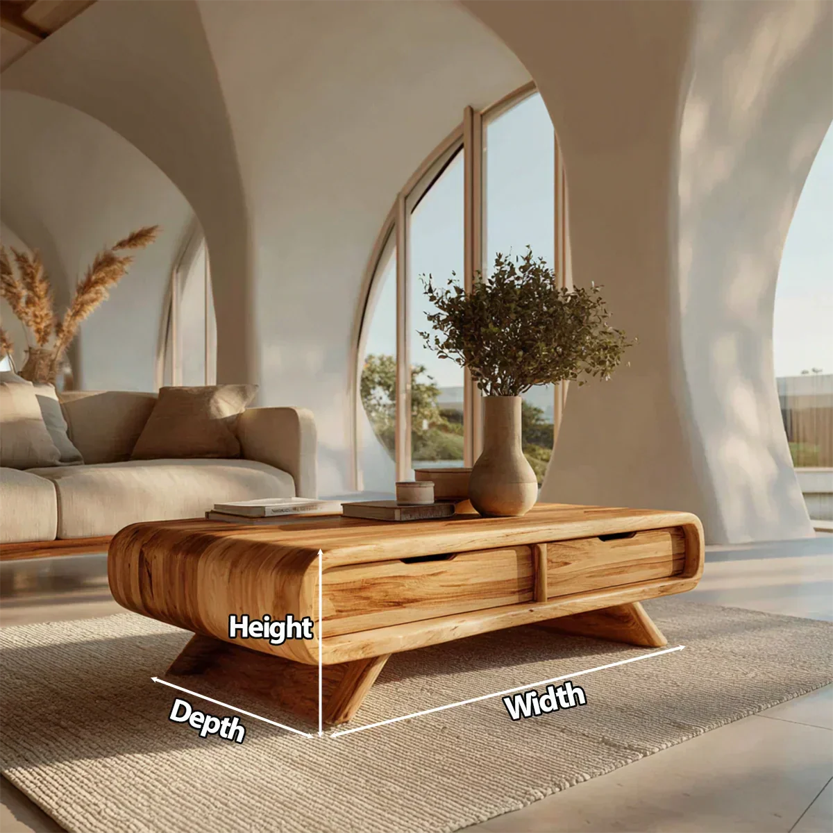 Curved Drawer Storage Coffee Table in Natural Solid Wood - Rustiracraft