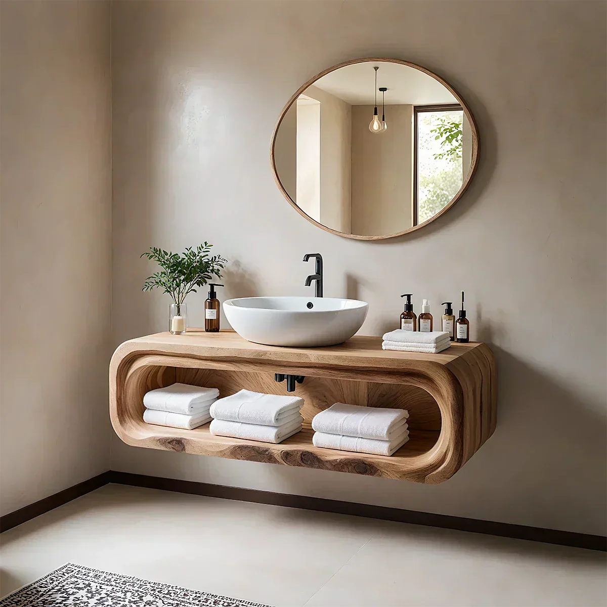Curved Solid Wood Floating Vanity – Japandi Rustic Design Bathroom Console - Rustiracraft
