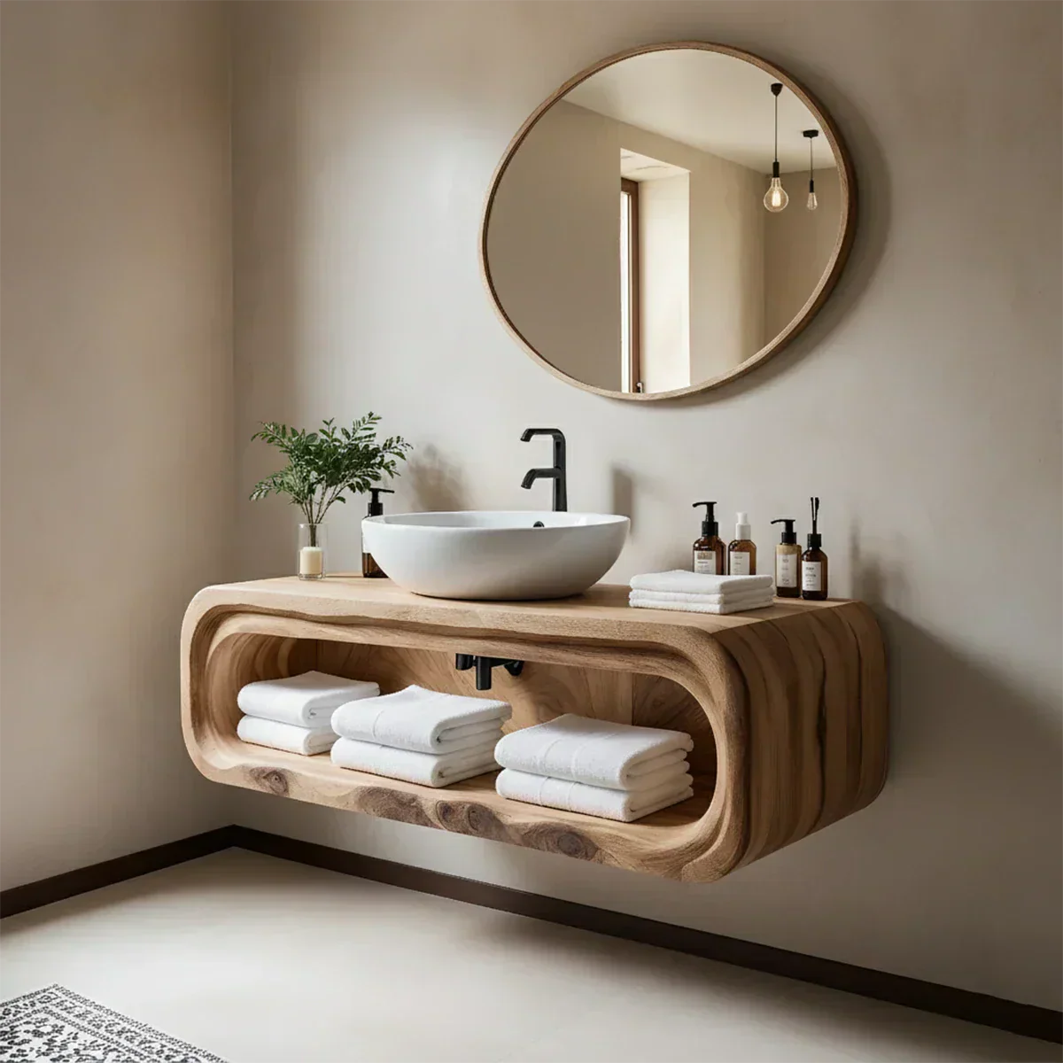Curved Solid Wood Floating Vanity – Japandi Rustic Design Bathroom Console - Rustiracraft