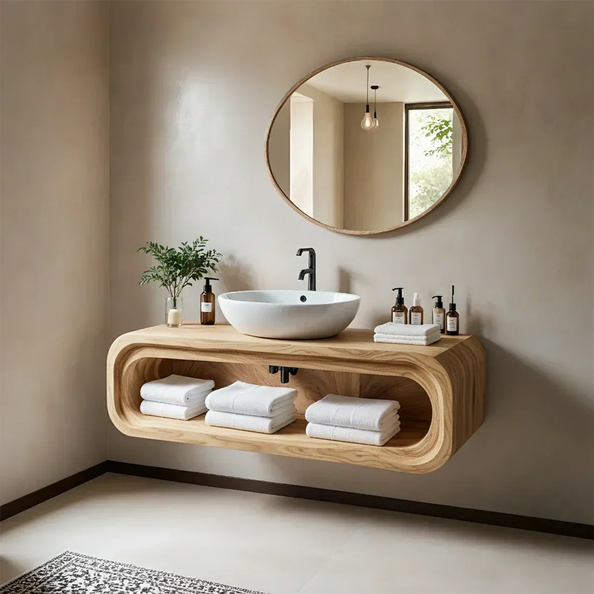 Curved Solid Wood Floating Vanity – Japandi Rustic Design Bathroom Console - Rustiracraft