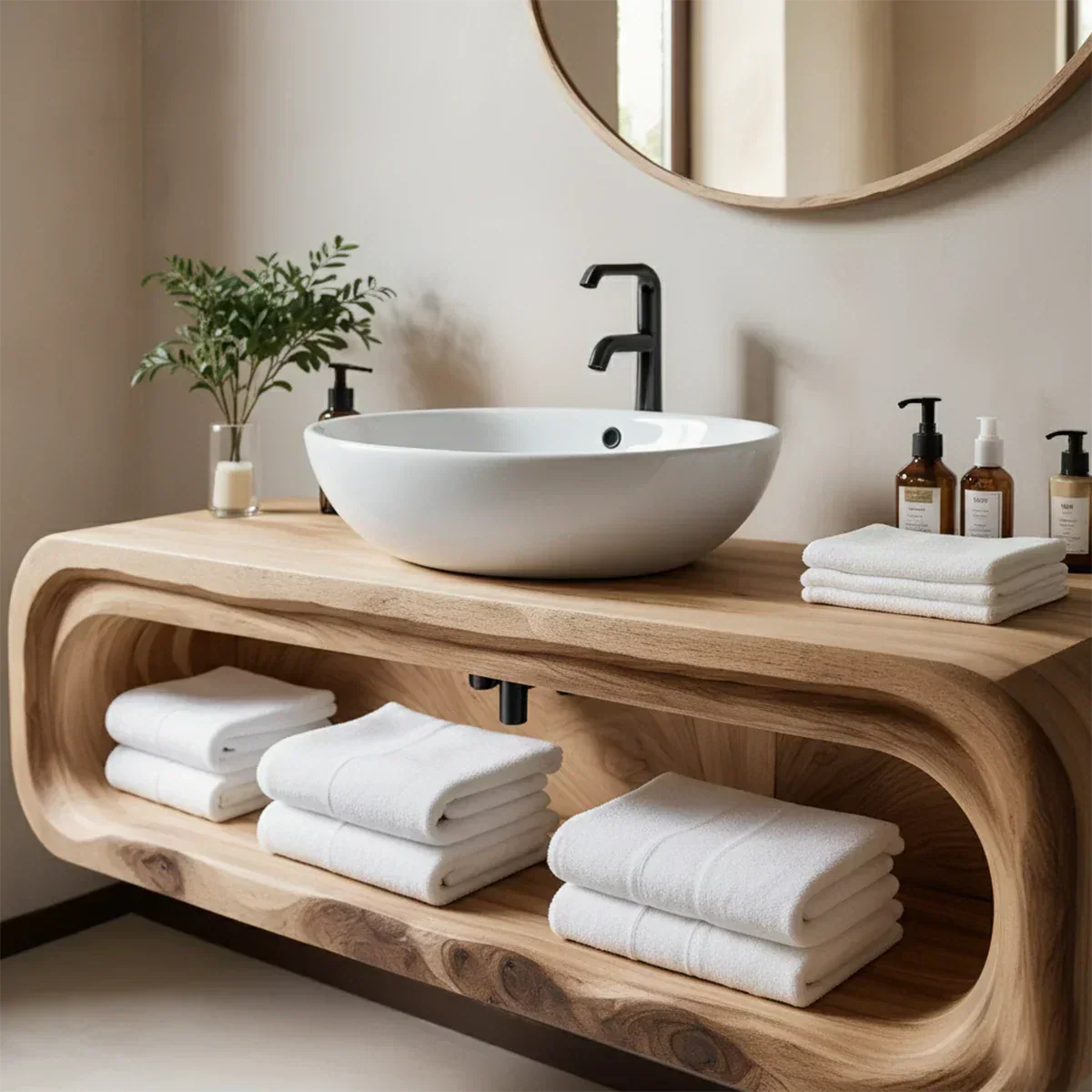 Curved Solid Wood Floating Vanity – Japandi Rustic Design Bathroom Console - Rustiracraft