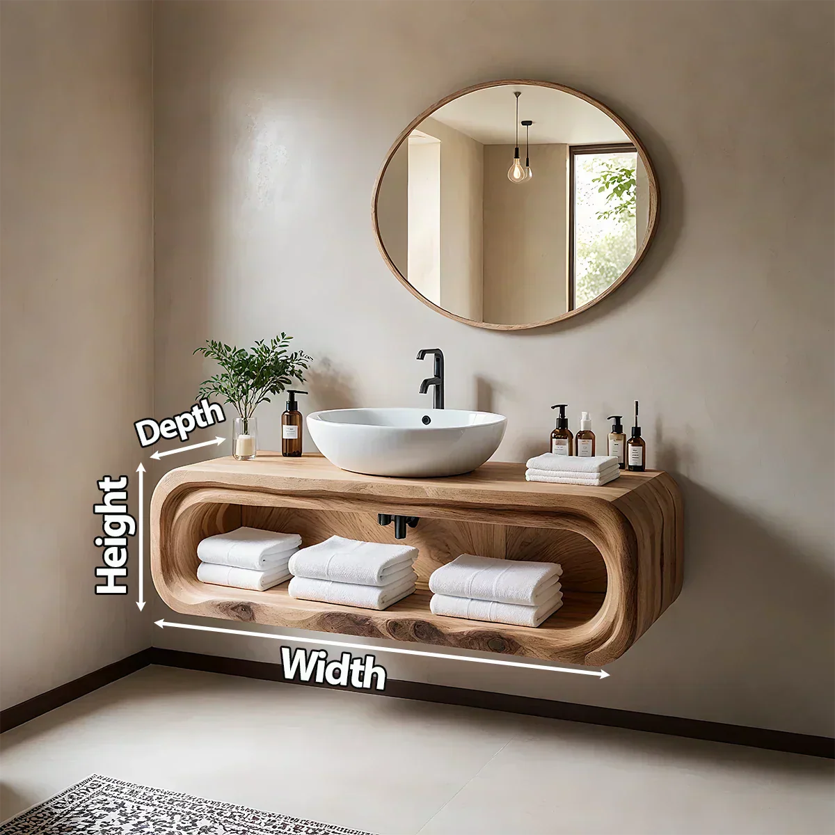 Curved Solid Wood Floating Vanity – Japandi Rustic Design Bathroom Console - Rustiracraft