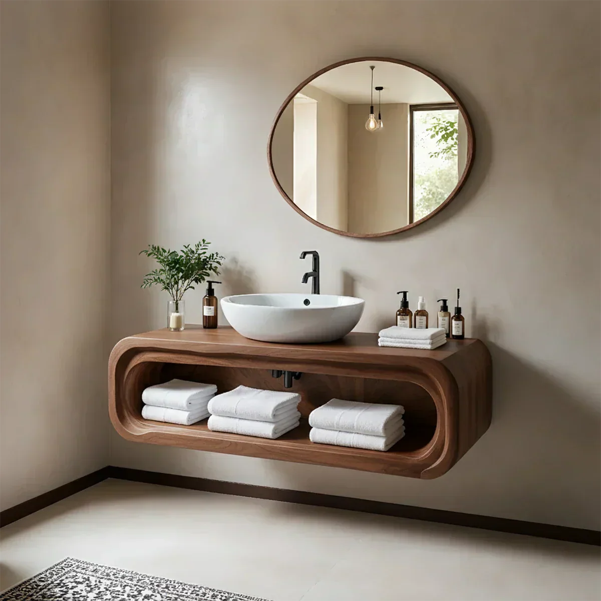 Curved Solid Wood Floating Vanity – Japandi Rustic Design Bathroom Console - Rustiracraft