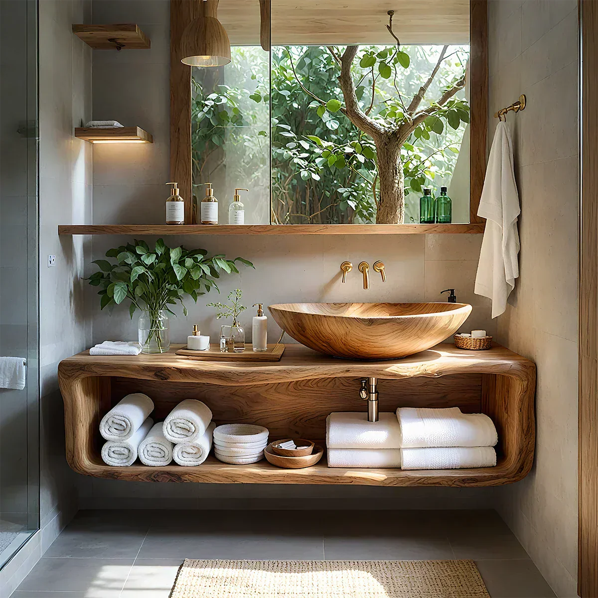 Curved Solid Wood Floating Vanity – Organic Spa Bathroom Console - Rustiracraft