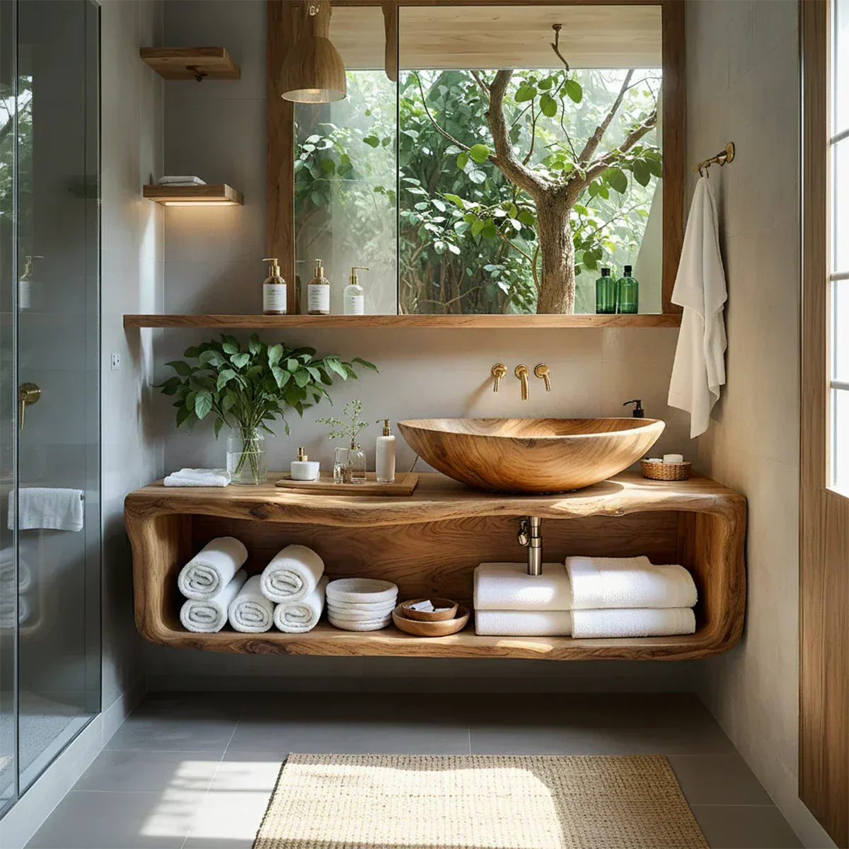 Curved Solid Wood Floating Vanity – Organic Spa Bathroom Console - Rustiracraft