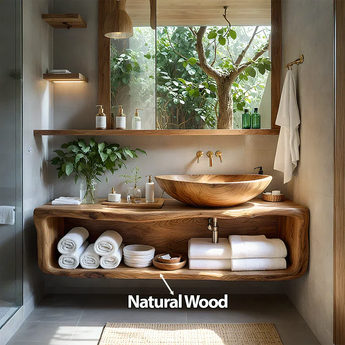 Curved Solid Wood Floating Vanity – Organic Spa Bathroom Console - Rustiracraft