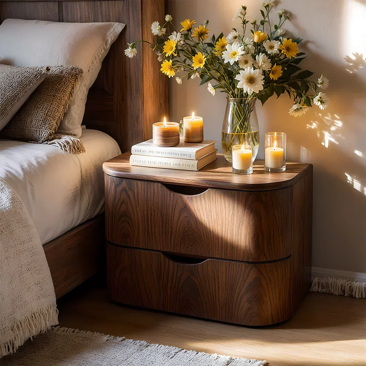 Curved Solid Wood Nightstand – Two-Drawer Minimalist Design - Rustiracraft