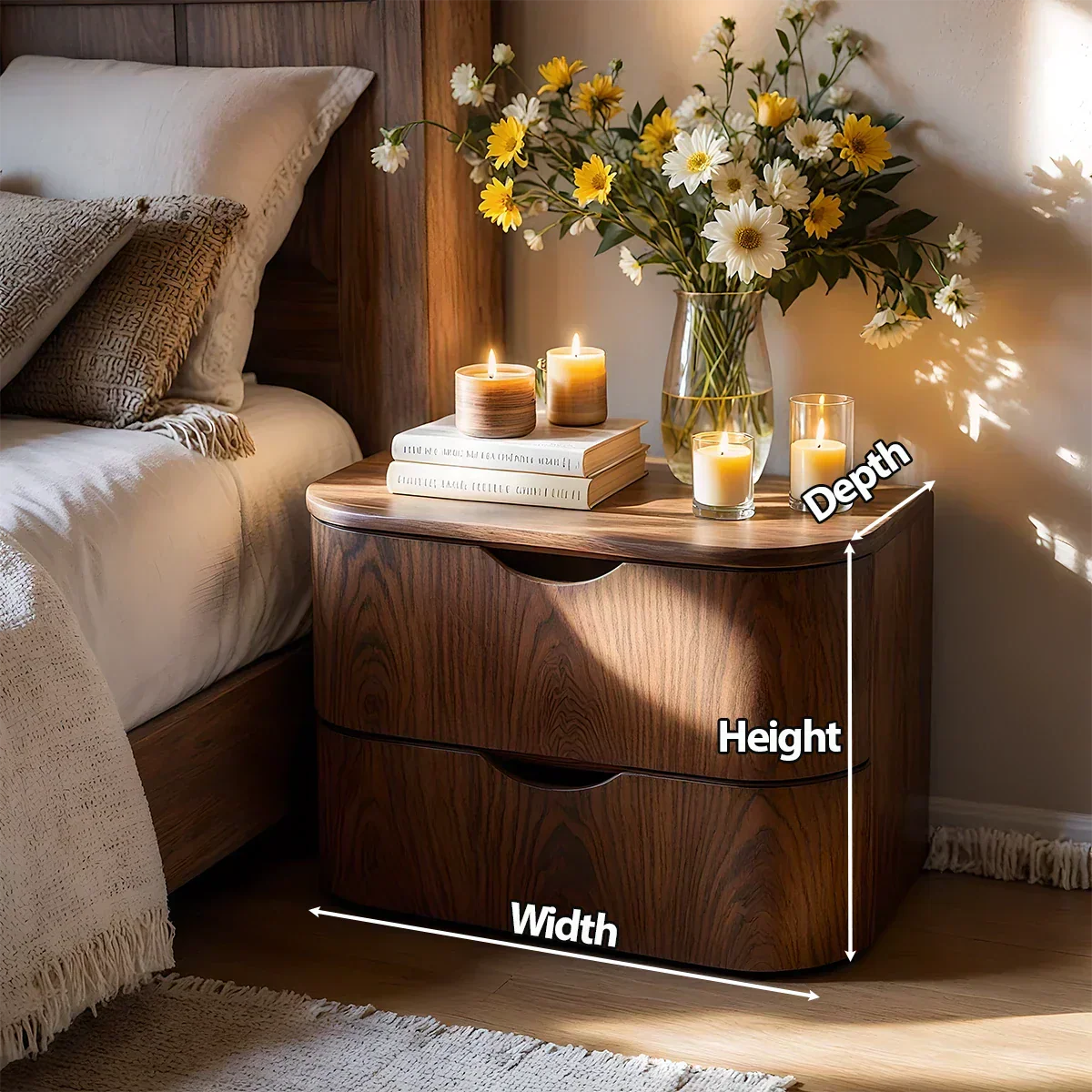 Curved Solid Wood Nightstand – Two-Drawer Minimalist Design - Rustiracraft