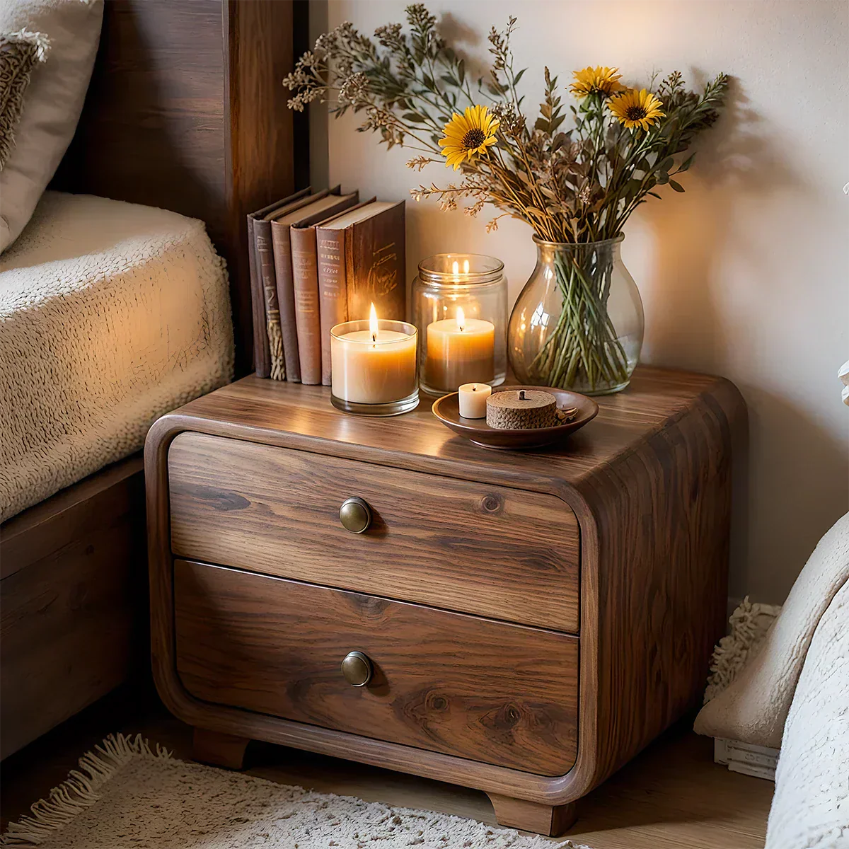 Curved Solid Wood Nightstand with Two Drawers - Rustiracraft