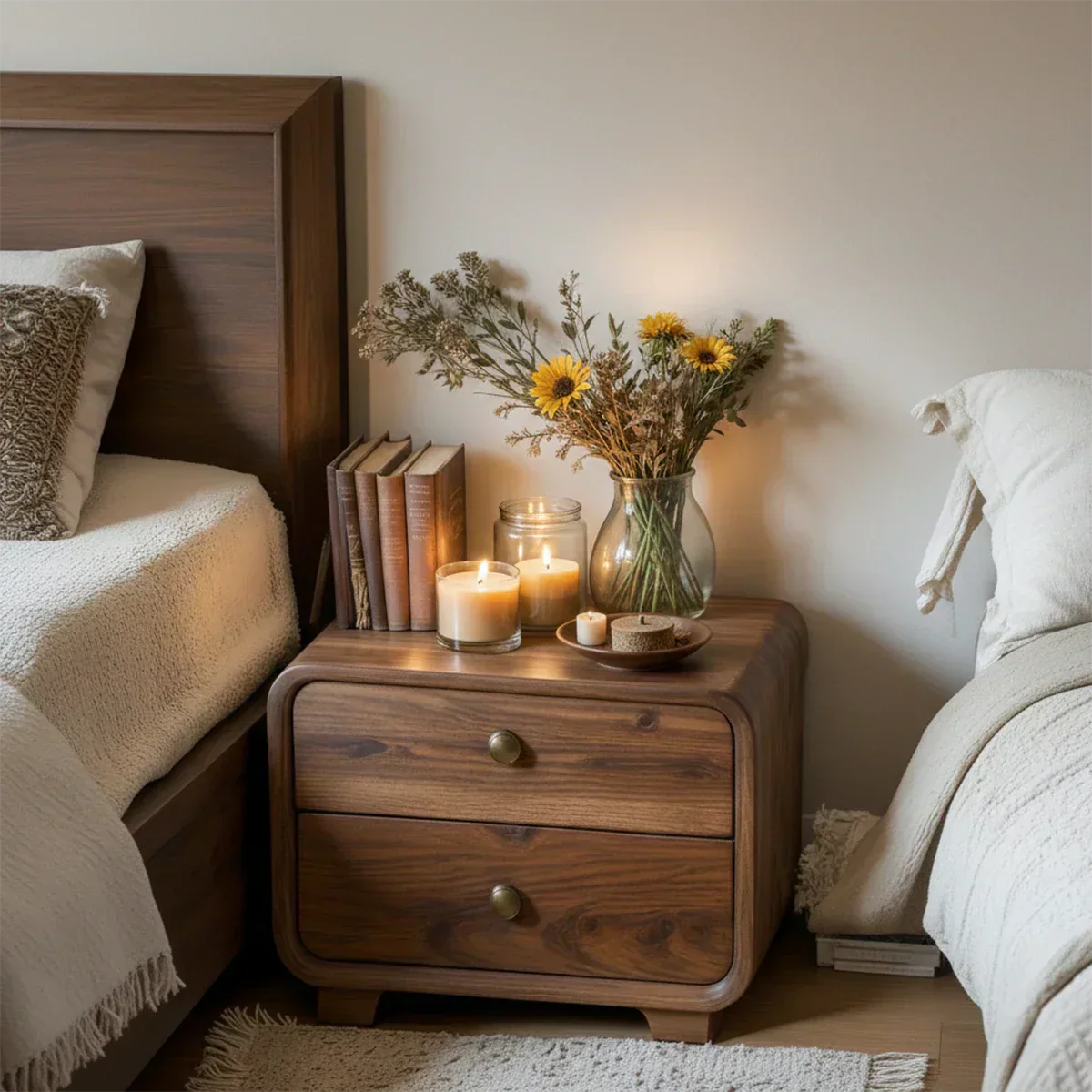 Curved Solid Wood Nightstand with Two Drawers - Rustiracraft