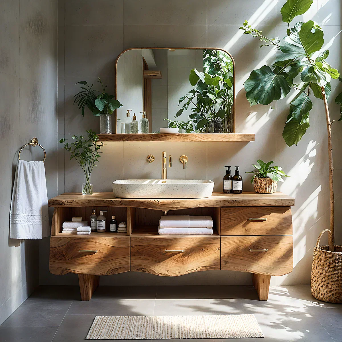 Curved Solid Wood Vanity with Legs – Japandi Spa Bathroom Console - Rustiracraft