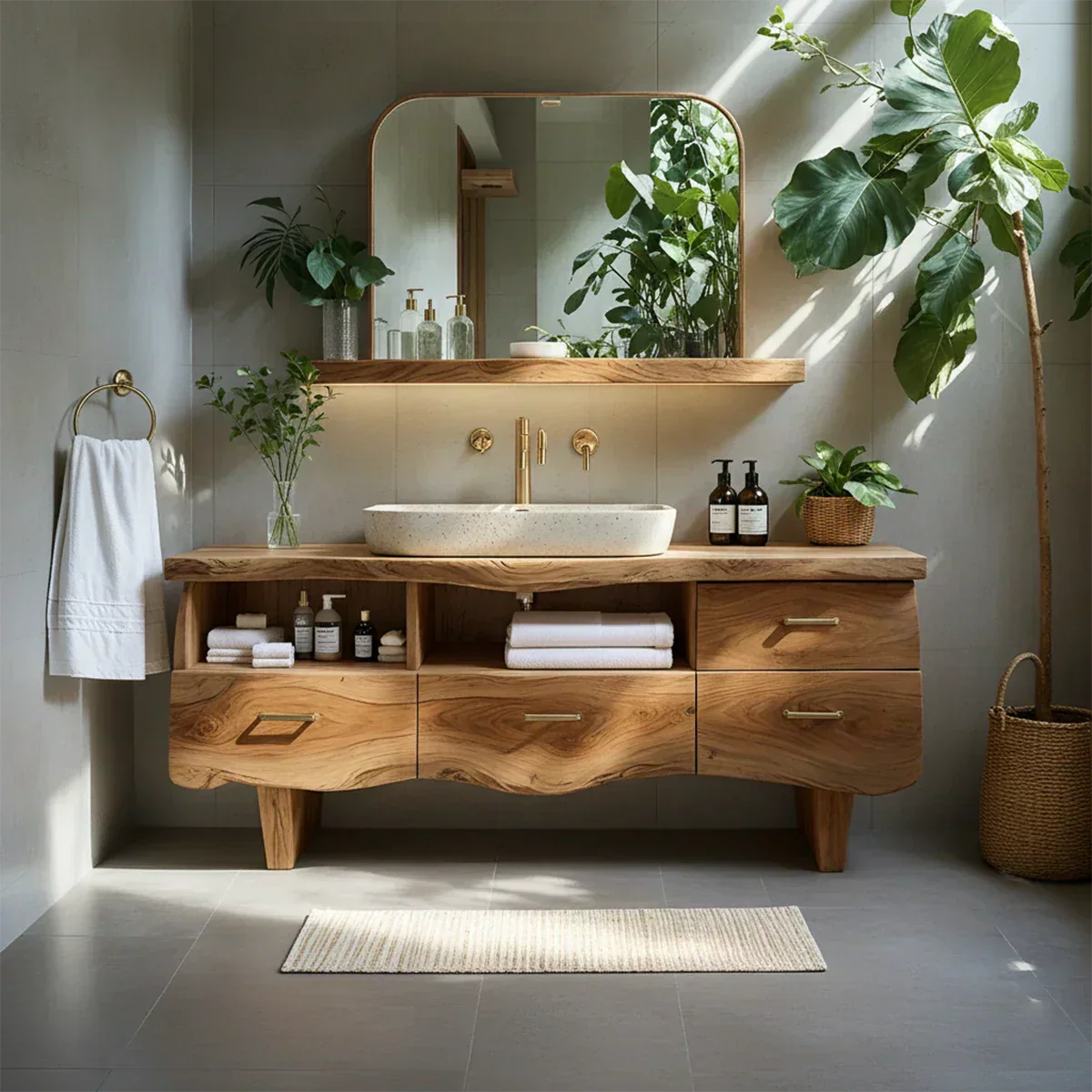 Curved Solid Wood Vanity with Legs – Japandi Spa Bathroom Console - Rustiracraft