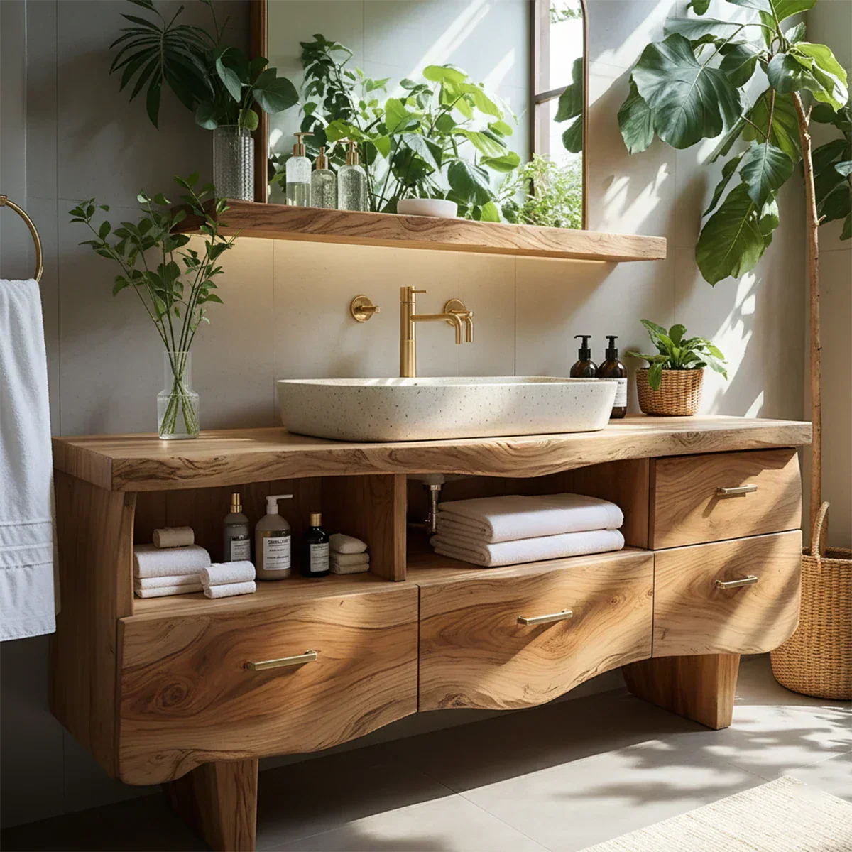 Curved Solid Wood Vanity with Legs – Japandi Spa Bathroom Console - Rustiracraft