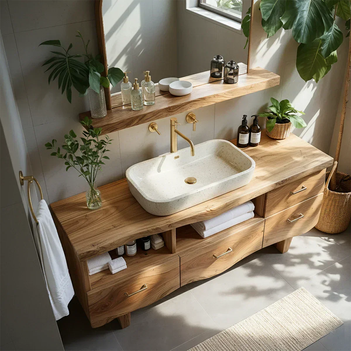 Curved Solid Wood Vanity with Legs – Japandi Spa Bathroom Console - Rustiracraft