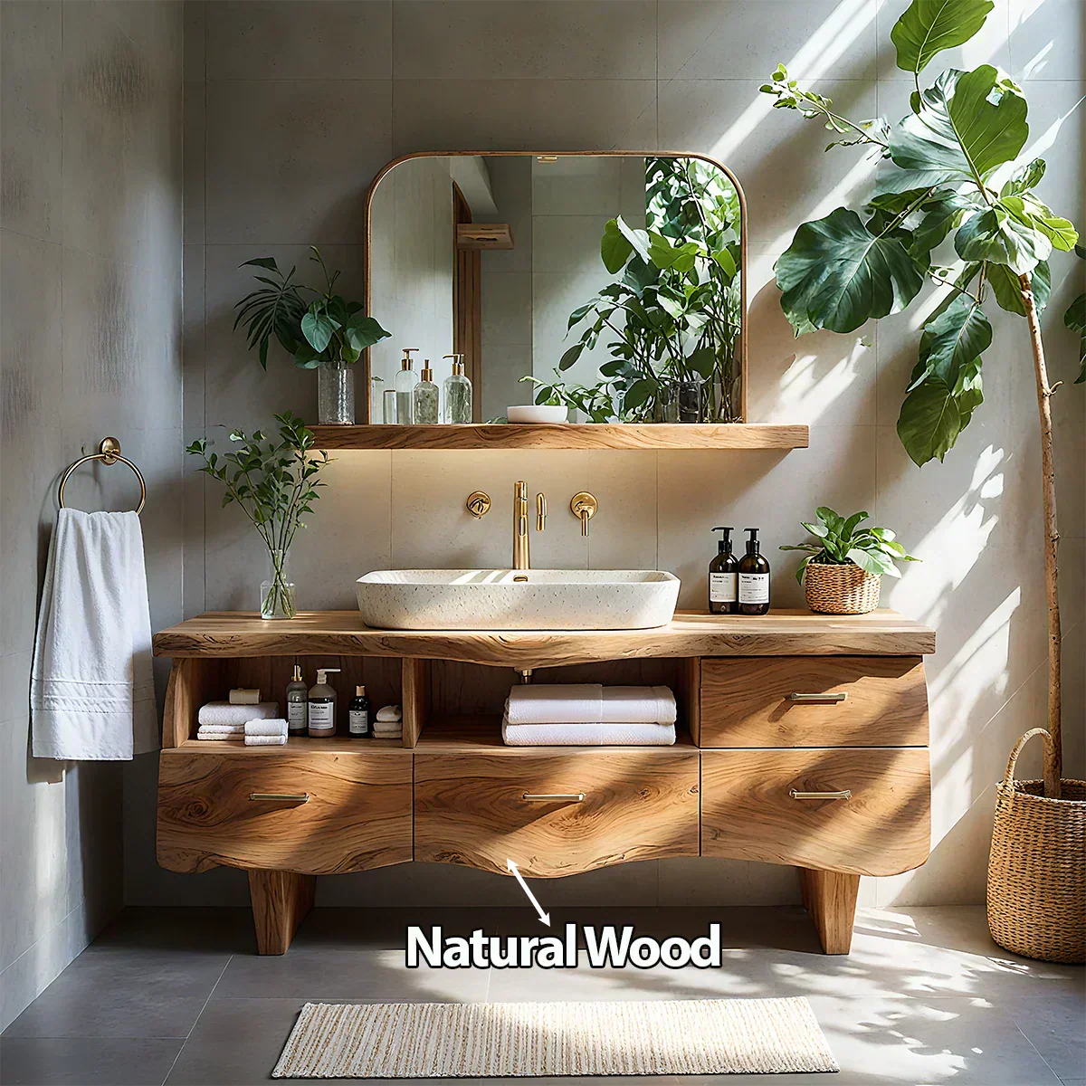 Curved Solid Wood Vanity with Legs – Japandi Spa Bathroom Console - Rustiracraft