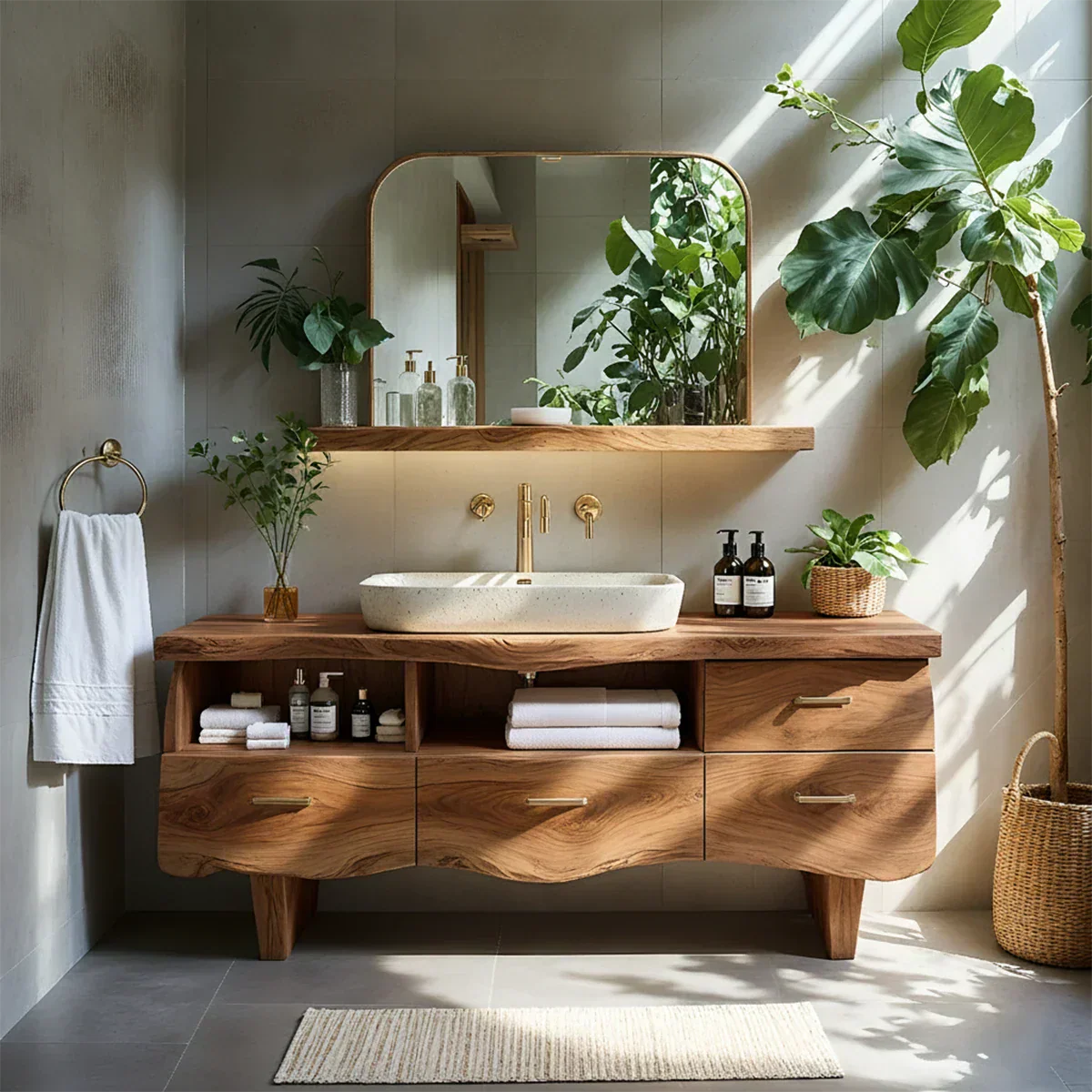 Curved Solid Wood Vanity with Legs – Japandi Spa Bathroom Console - Rustiracraft