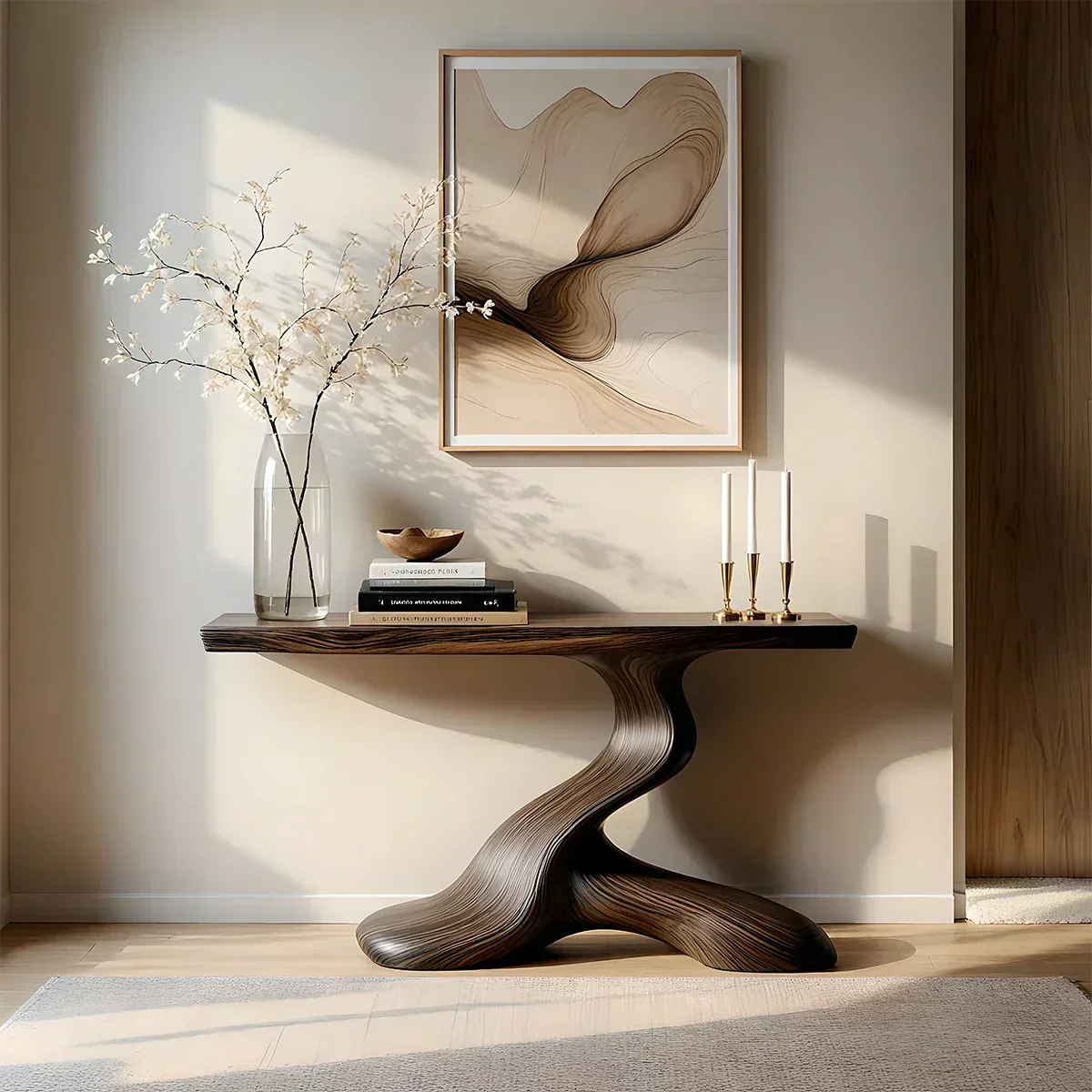 Dark Sculptural Solid Wood Console — Organic Japandi Entry Table - Rustiracraft