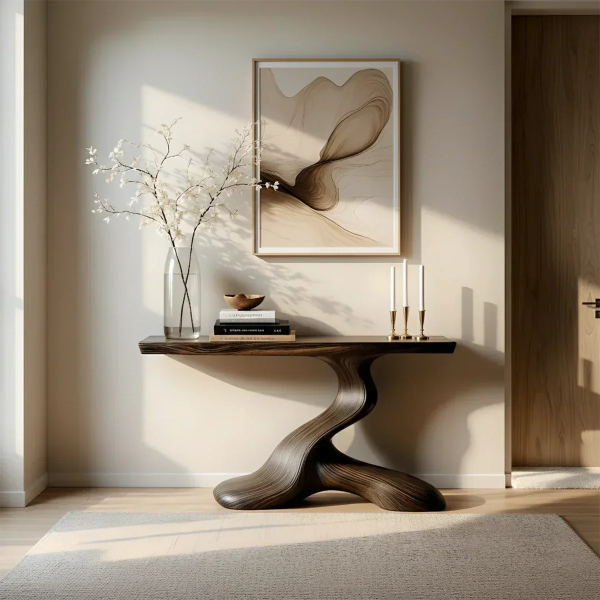 Dark Sculptural Solid Wood Console — Organic Japandi Entry Table - Rustiracraft